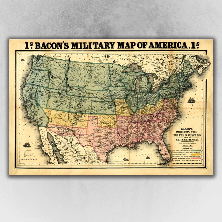 1862 Bacon's Military Map of America - Civil War Era Wall Map