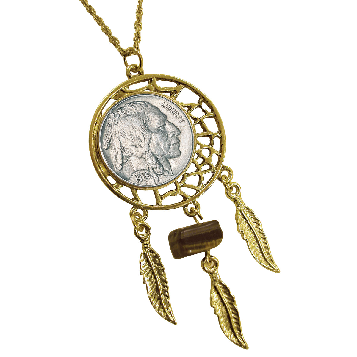 Buffalo Nickel Gold Tone Dream Catcher Coin Pendant with Tiger Eye Stone with 24" Chain