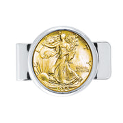 Silvertone Coin Money Clip with Silver Walking Liberty Half Dollar Layered in Pure Gold