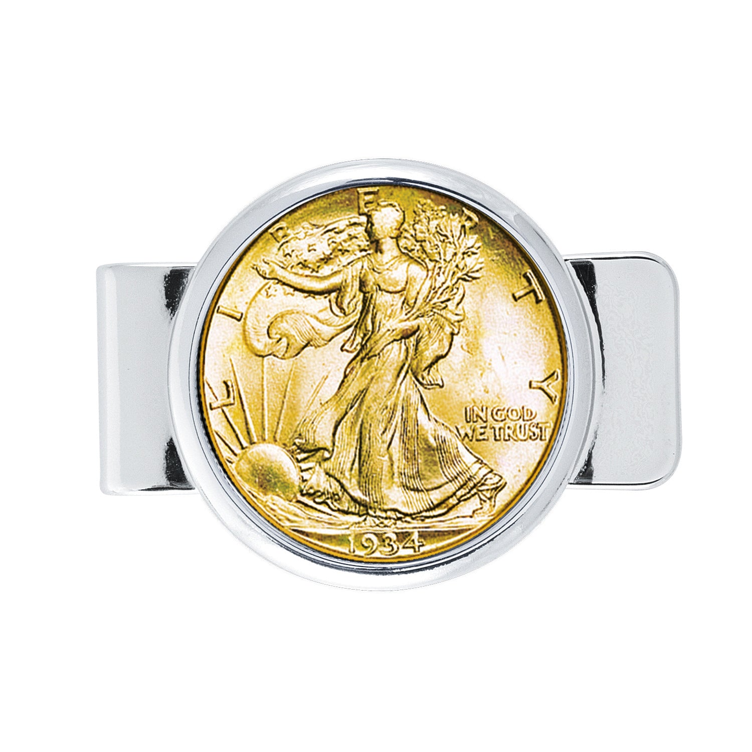 Silvertone Coin Money Clip with Silver Walking Liberty Half Dollar Layered in Pure Gold