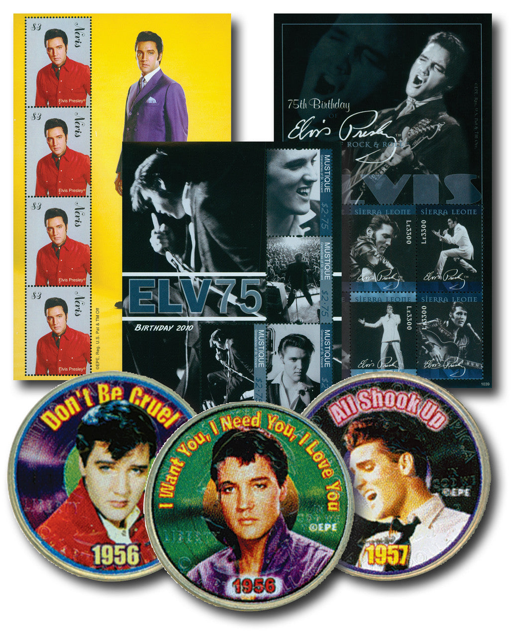 Elvis Presley Stamp & Coin Collection, 14 Mint Stamps & 3 US Color Enhanced Quarters