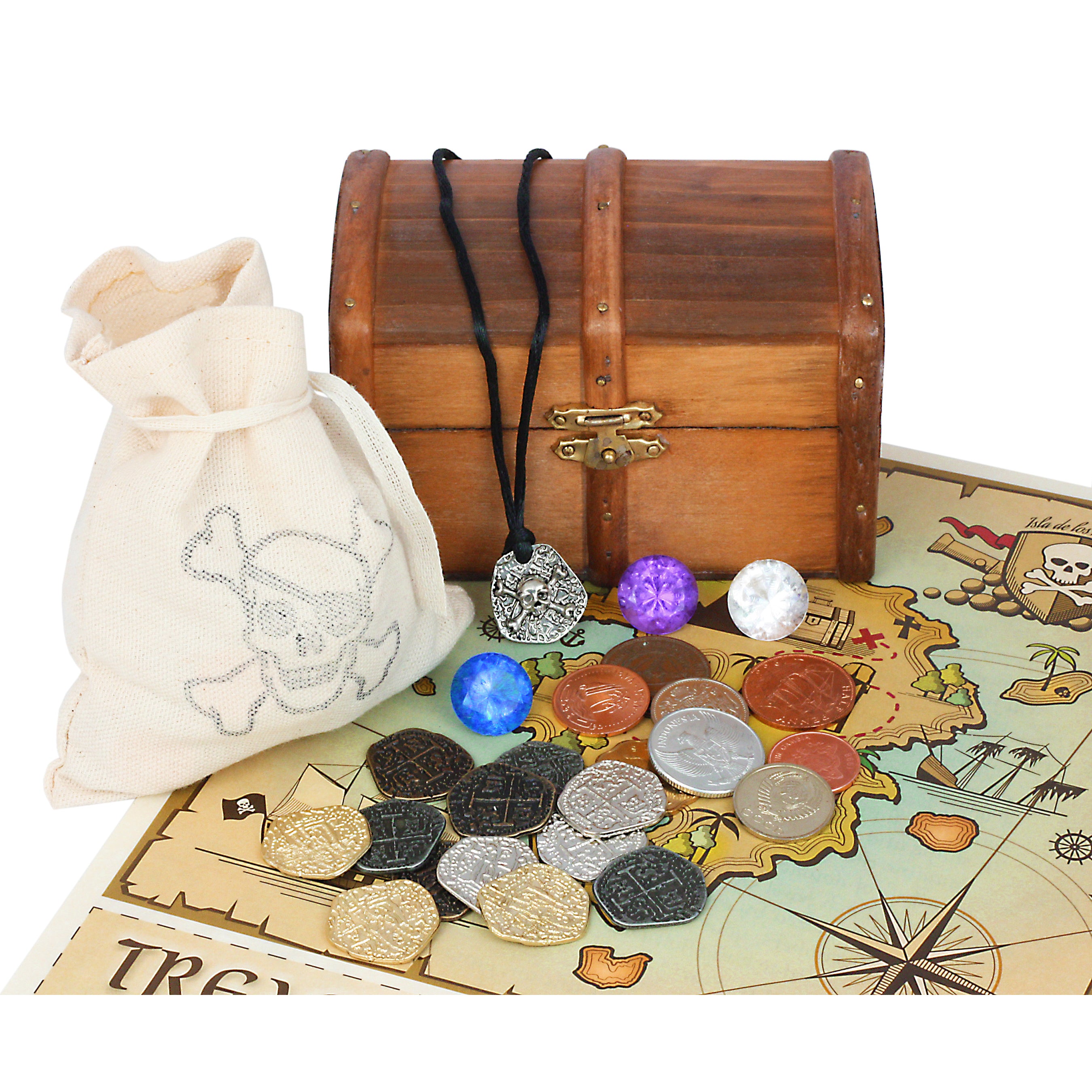 Kid's Treasure Chest with Replica Pirate Coins/Foreign Coins/Gems/Necklace Coin Jewelry 