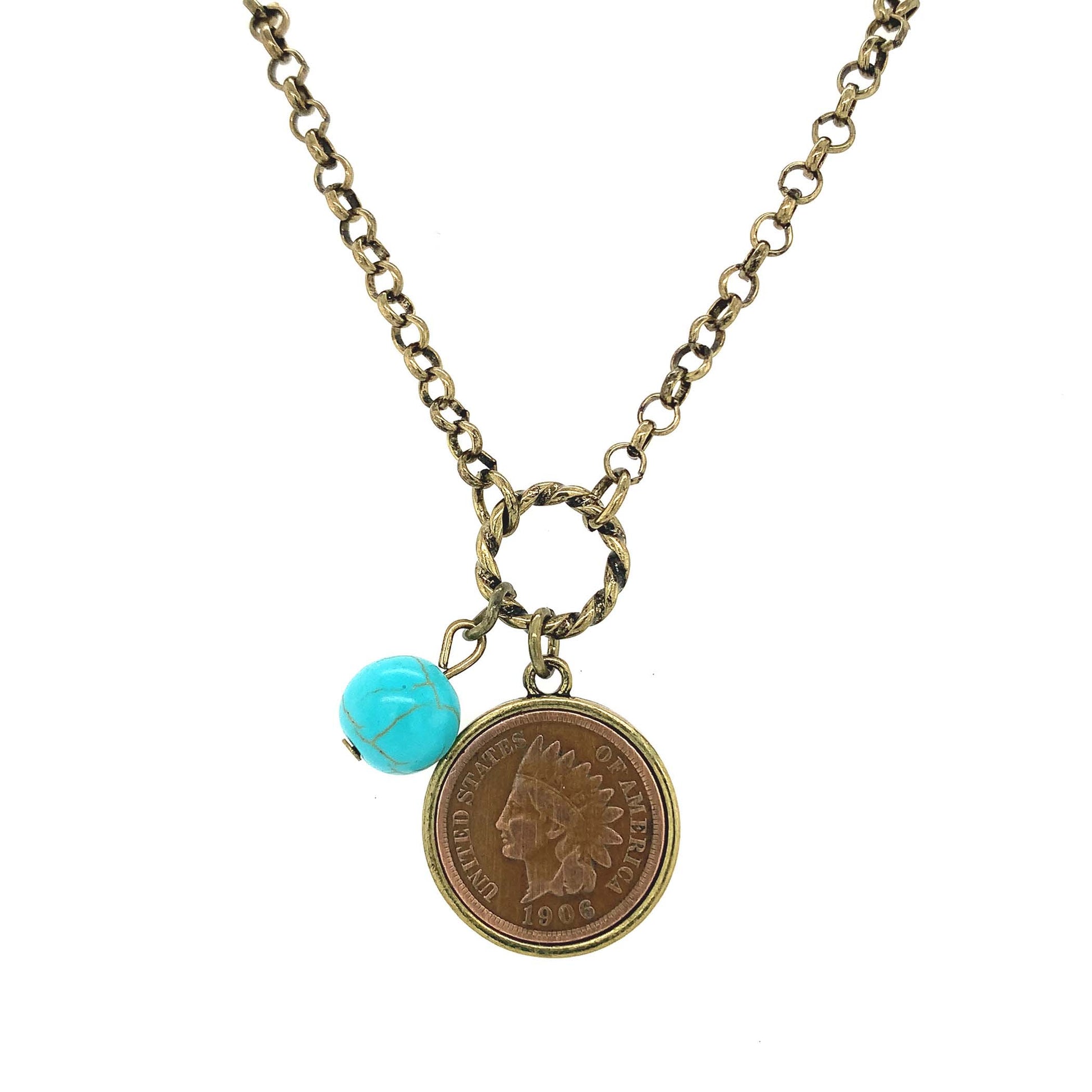 Indian Head Cent with Genuine Turquoise Bead Coppertone Coin Pendant