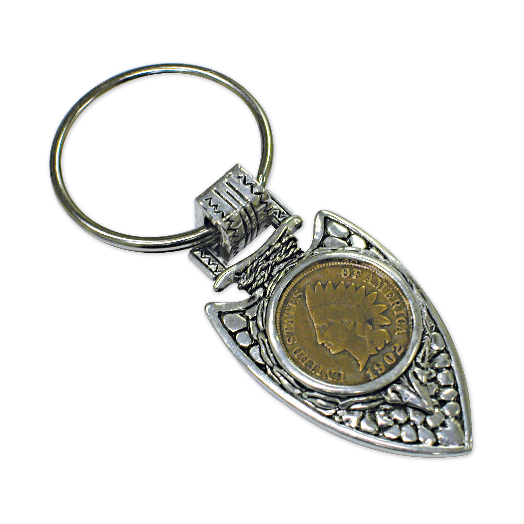 Indian Cent in Silvertone Arrowhead Coin Keyring