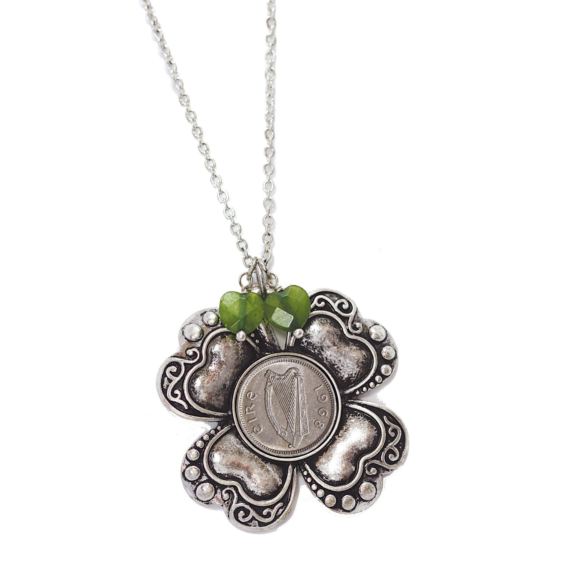 Irish Threepence Four Leaf Clover and Green Heart Charm Coin Pendant