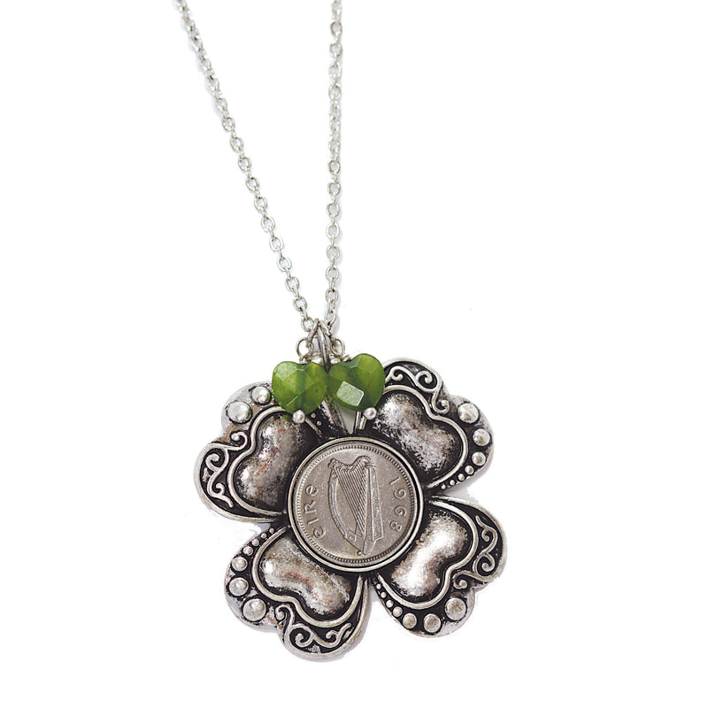 Irish Threepence Four Leaf Clover and Green Heart Charm Coin Pendant