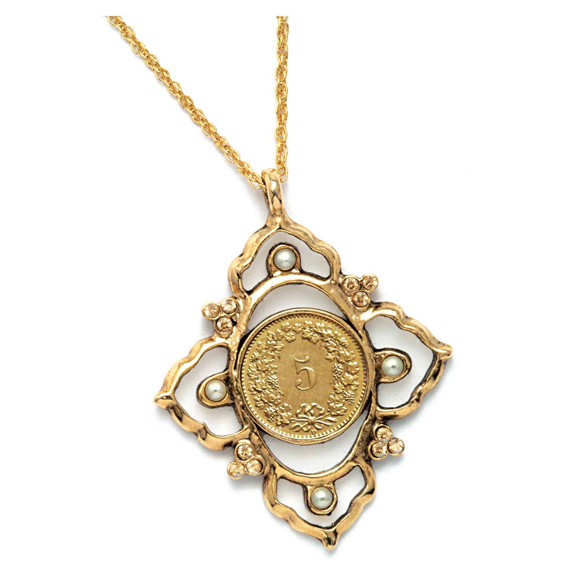 Victorian Inspired Swiss Coin Pendant with Glass Pearls