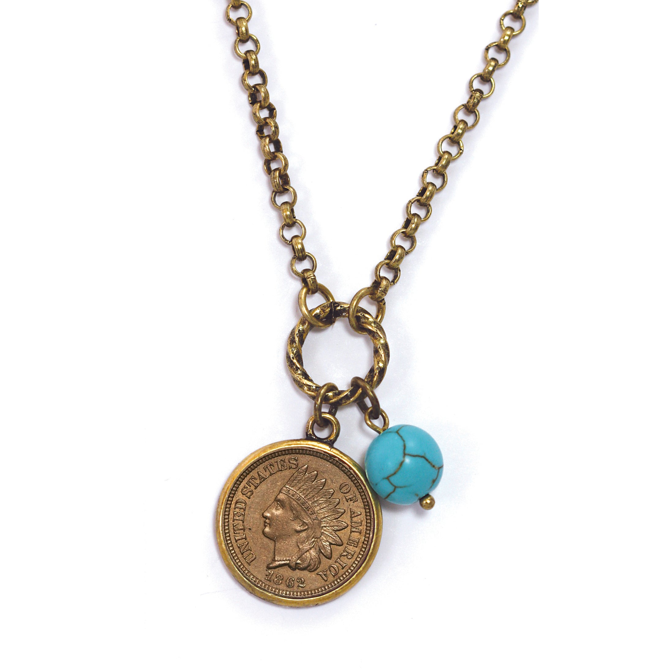 Civil War Indian Head Coin with Turquoise Bead