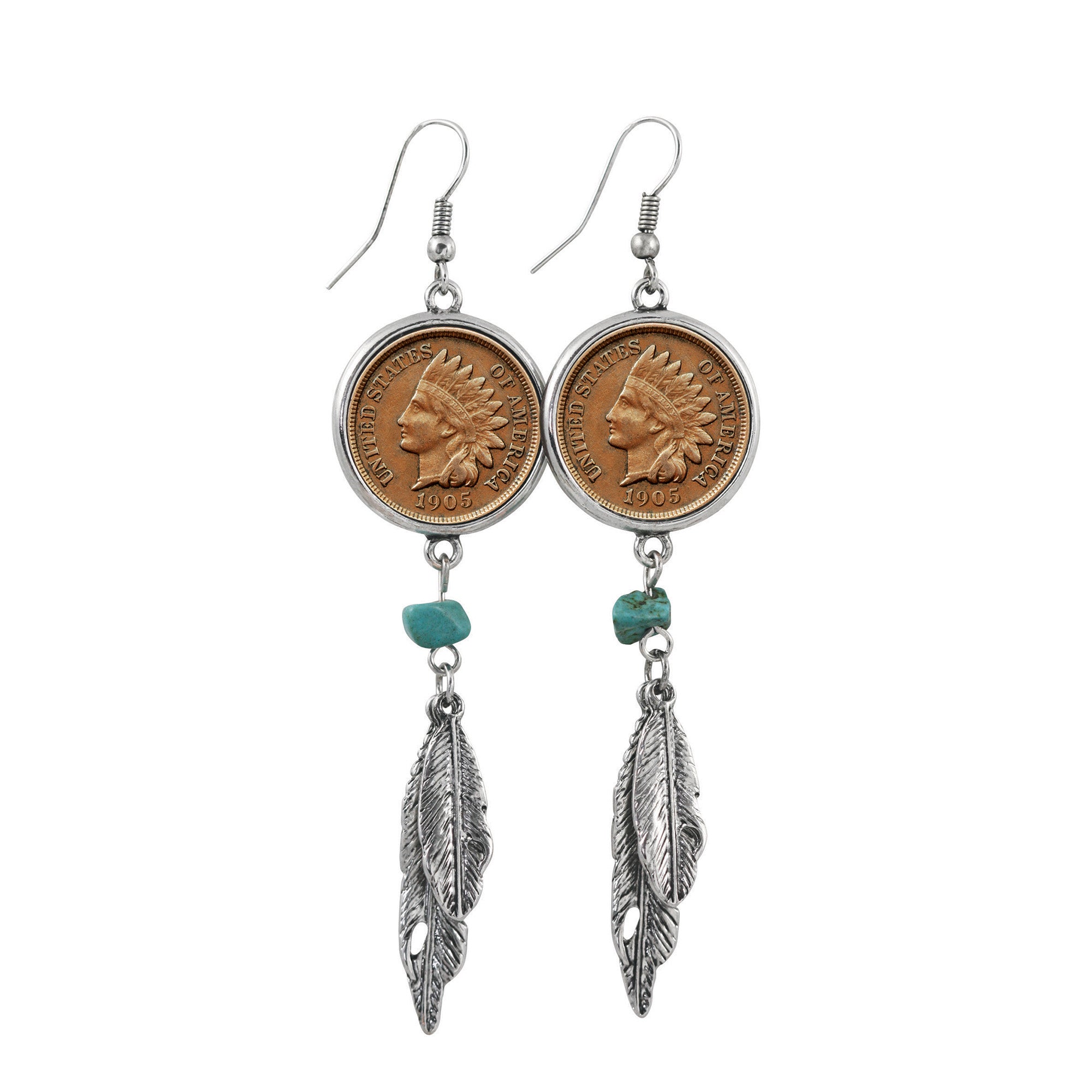 100 Year Old Indian Head Penny Feather Silvertone Coin Earrings