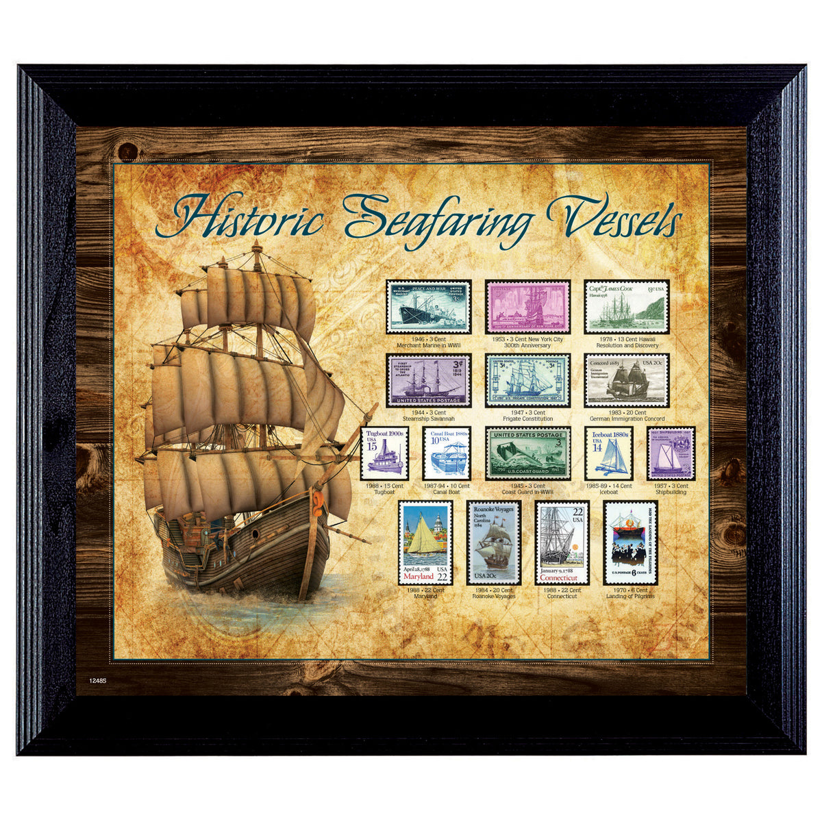 Ships on Stamps in Wall Frame