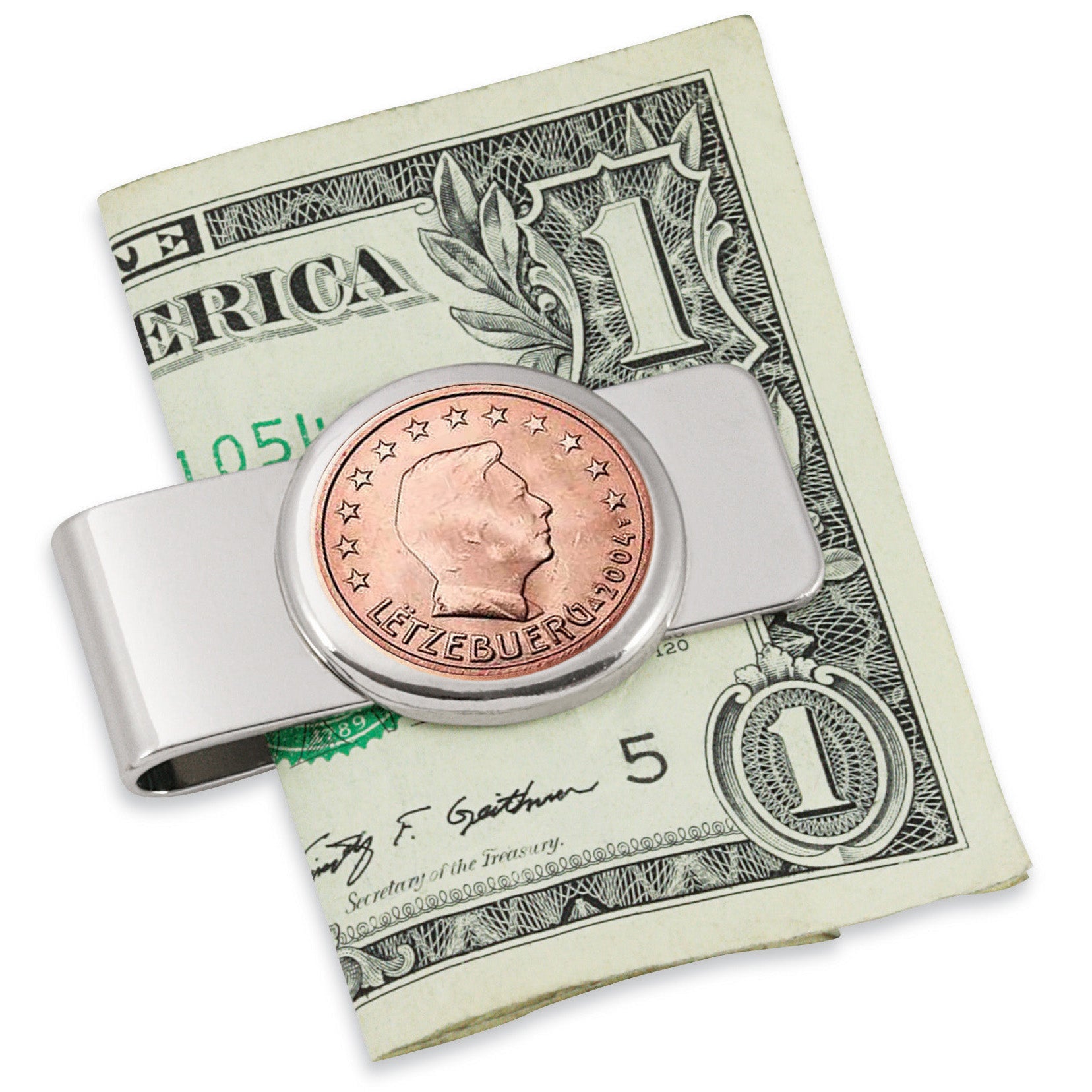 Luxembourg Royal Highness Five Cent Euro Coin Silvertone Coin Money Clip