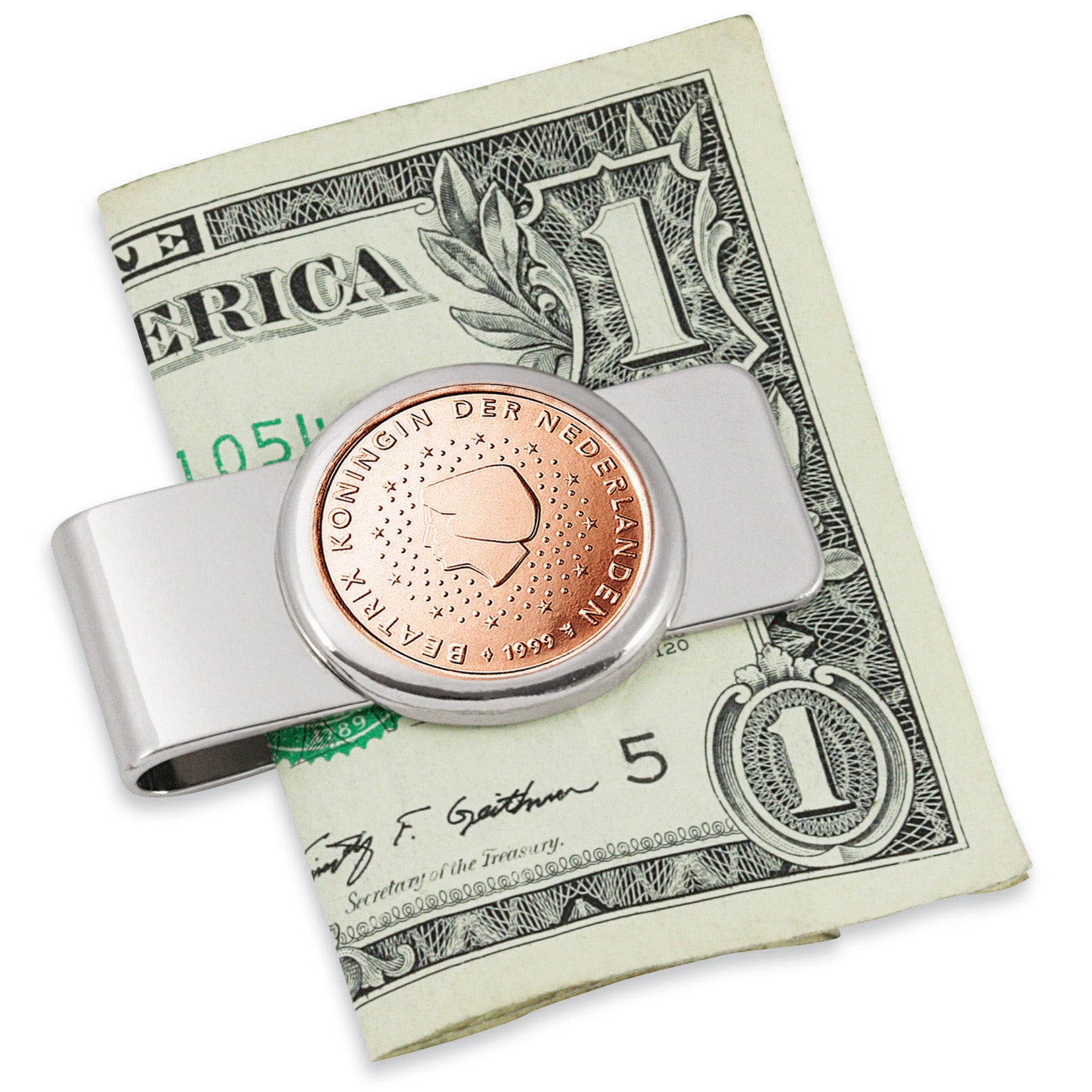 Netherlands Queen Beatrix Five Cent Euro Coin Silvertone Coin Money Clip