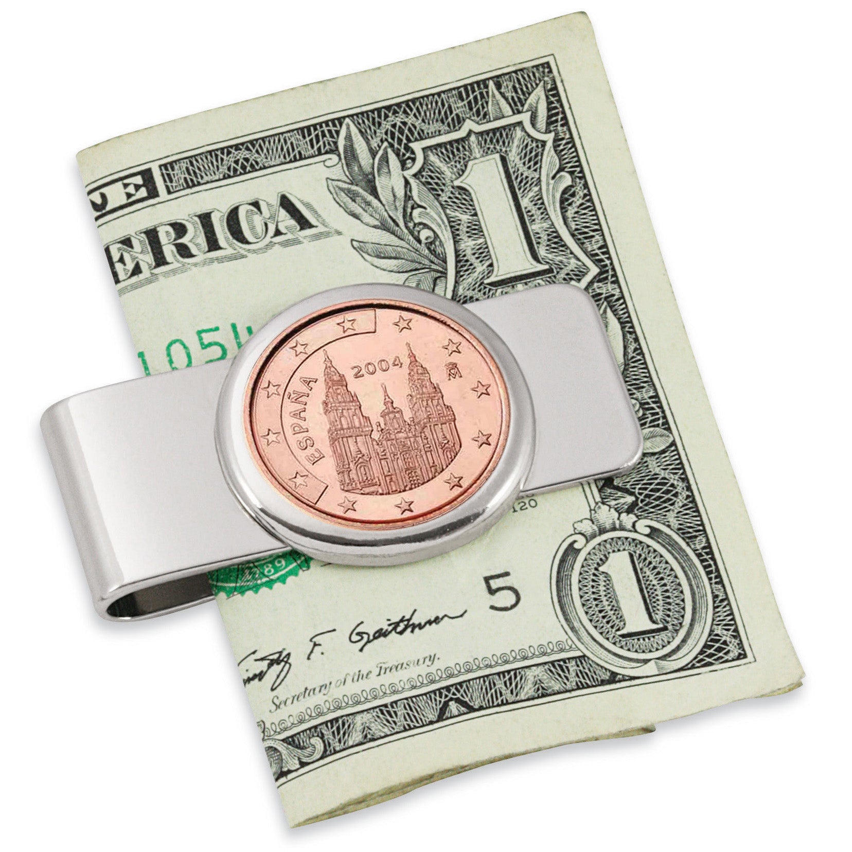 Spain Obradoiro 5 Cent Euro Coin Silvertone Coin Money Clip