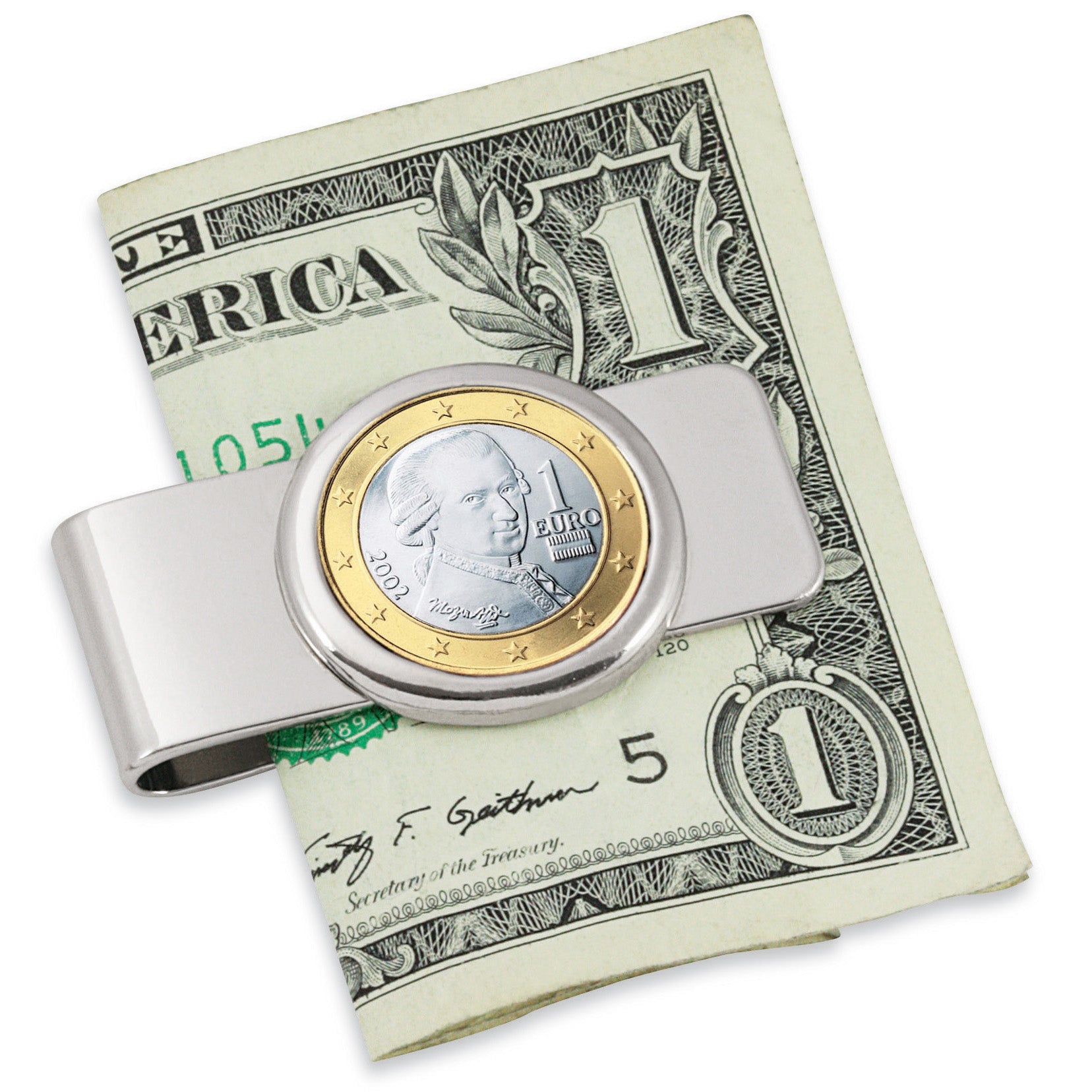 Austrian Mozart One Euro Coin Silvertone Coin Money Clip