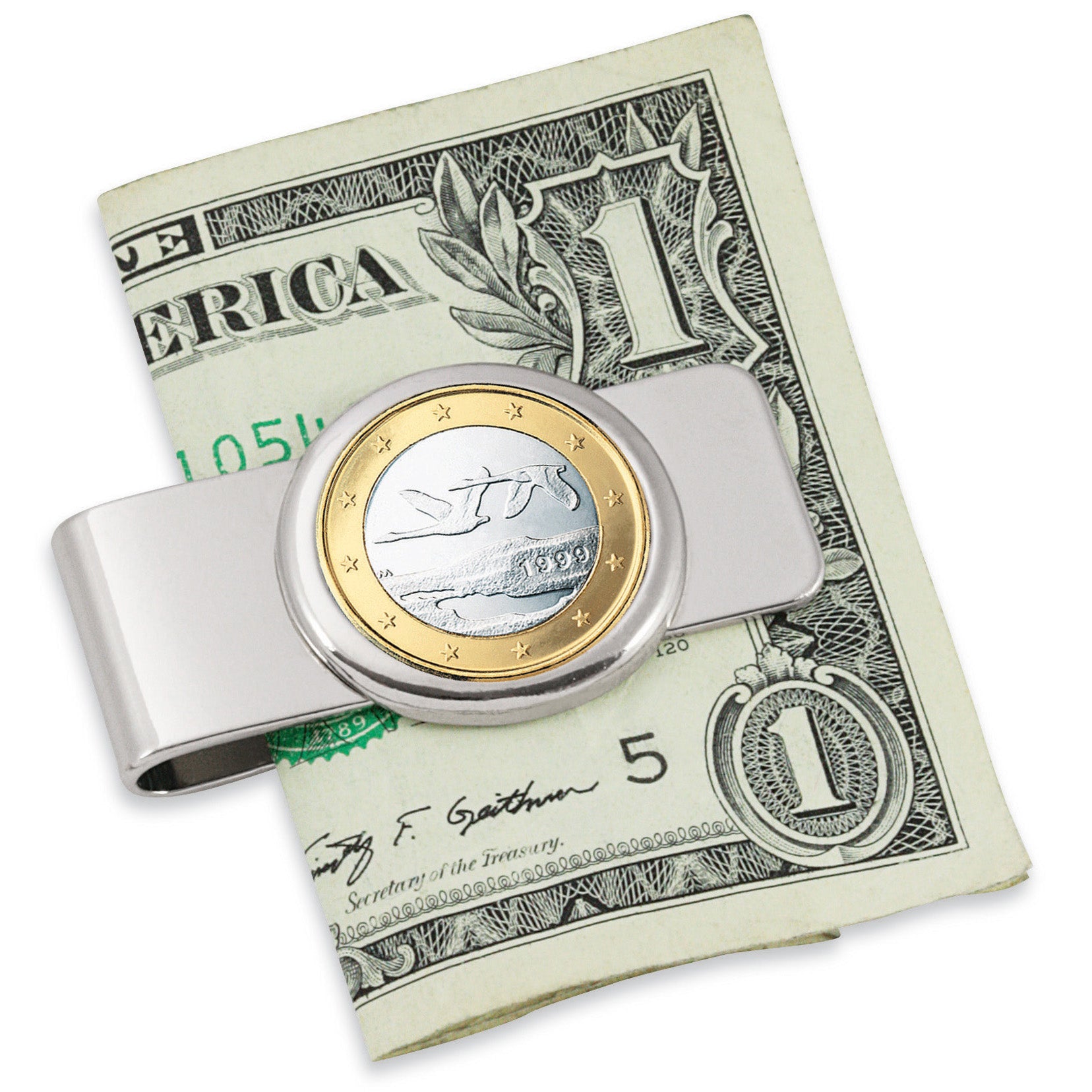 Finland Swan One Euro Coin Silvertone Coin Money Clip
