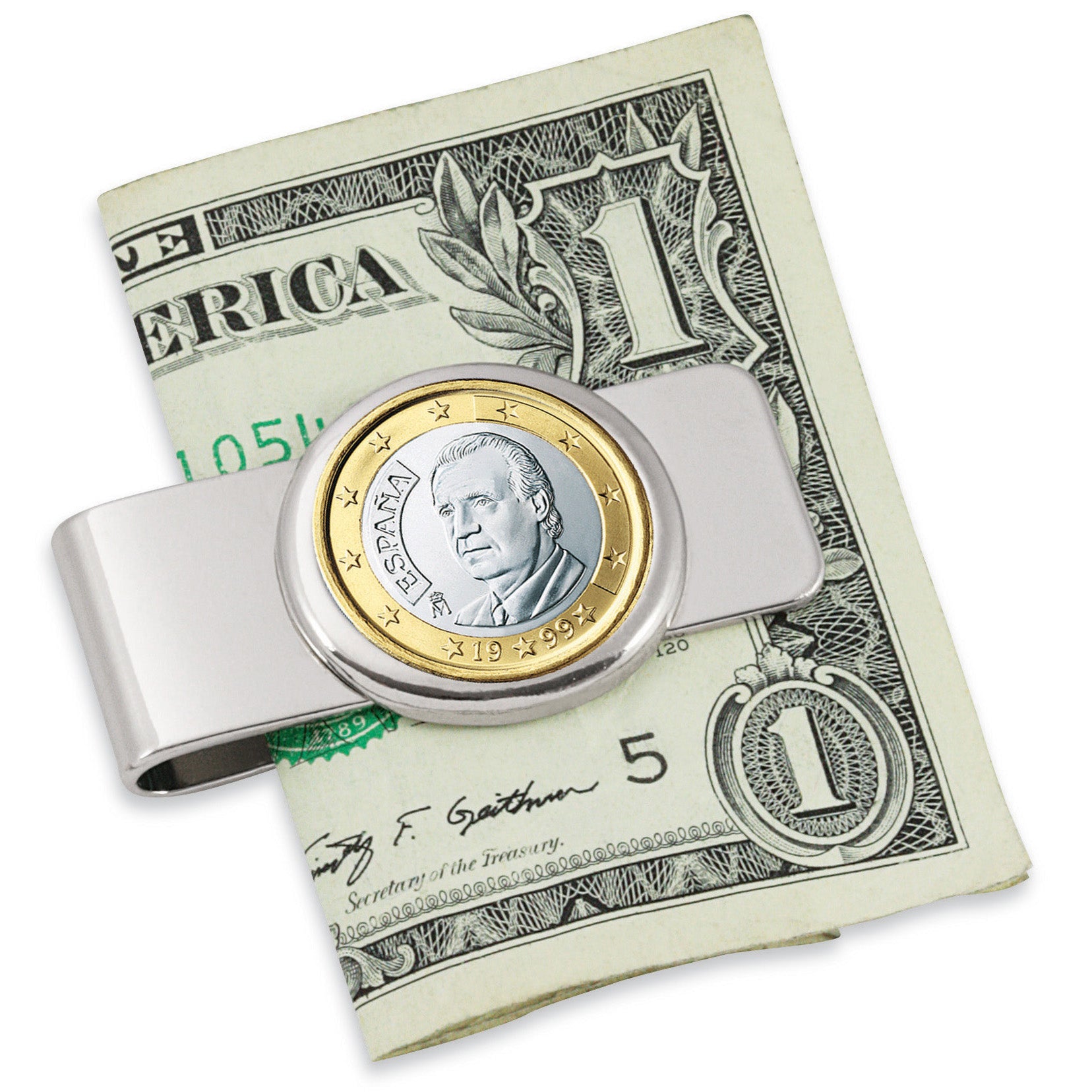 Spain King One Euro Coin Silvertone Coin Money Clip