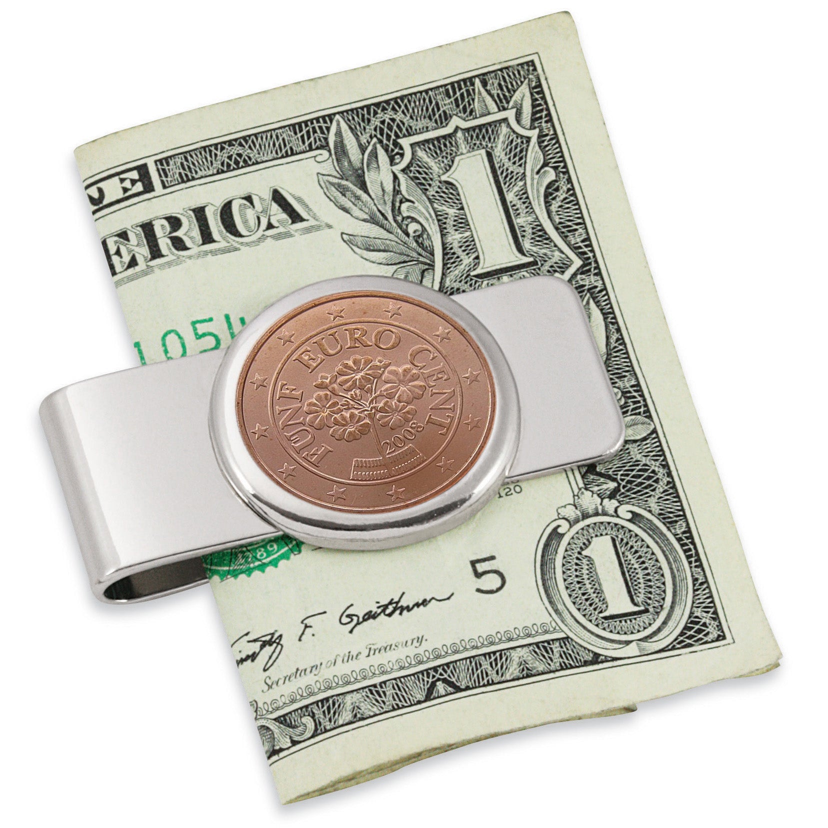 Austrian Primrose Five Cent Euro Coin Silvertone Coin Money Clip