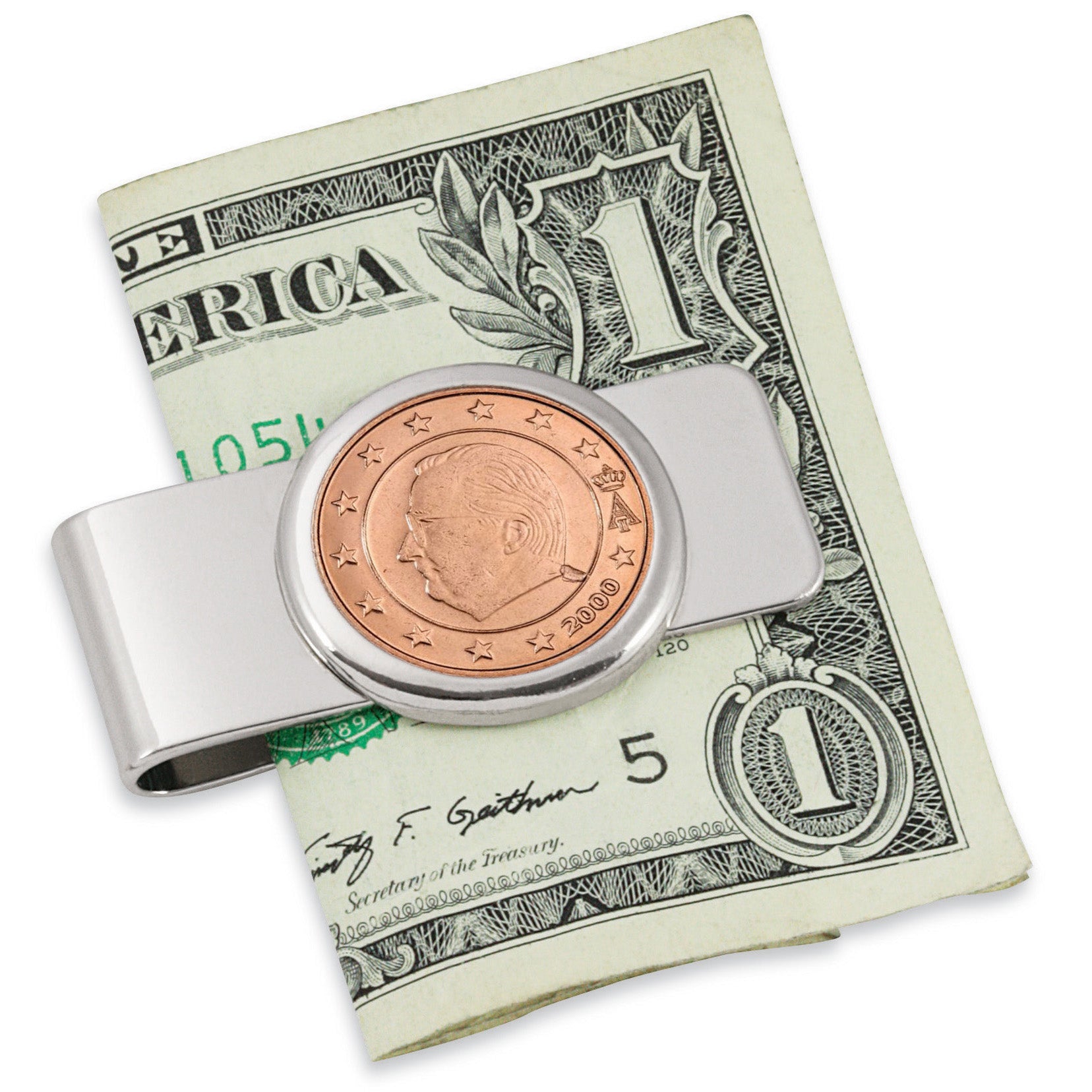 Belgium King Albert II Five Cent Euro Coin Silvertone Coin Money Clip