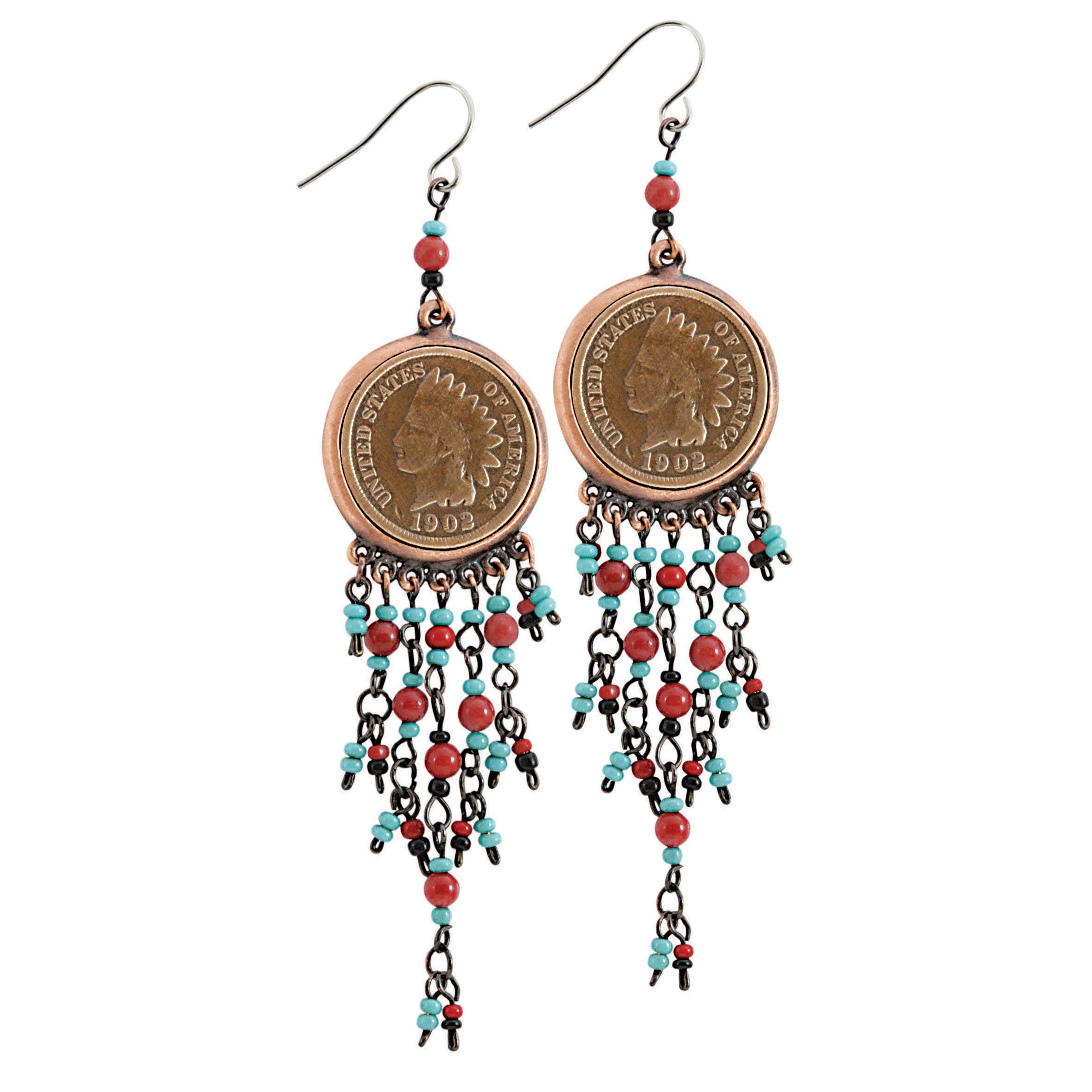 Coppertone Indian Head Cent Chandelier Coin Earrings