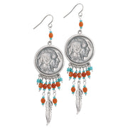 Buffalo Nickel Silvertone Feather Coin Earrings