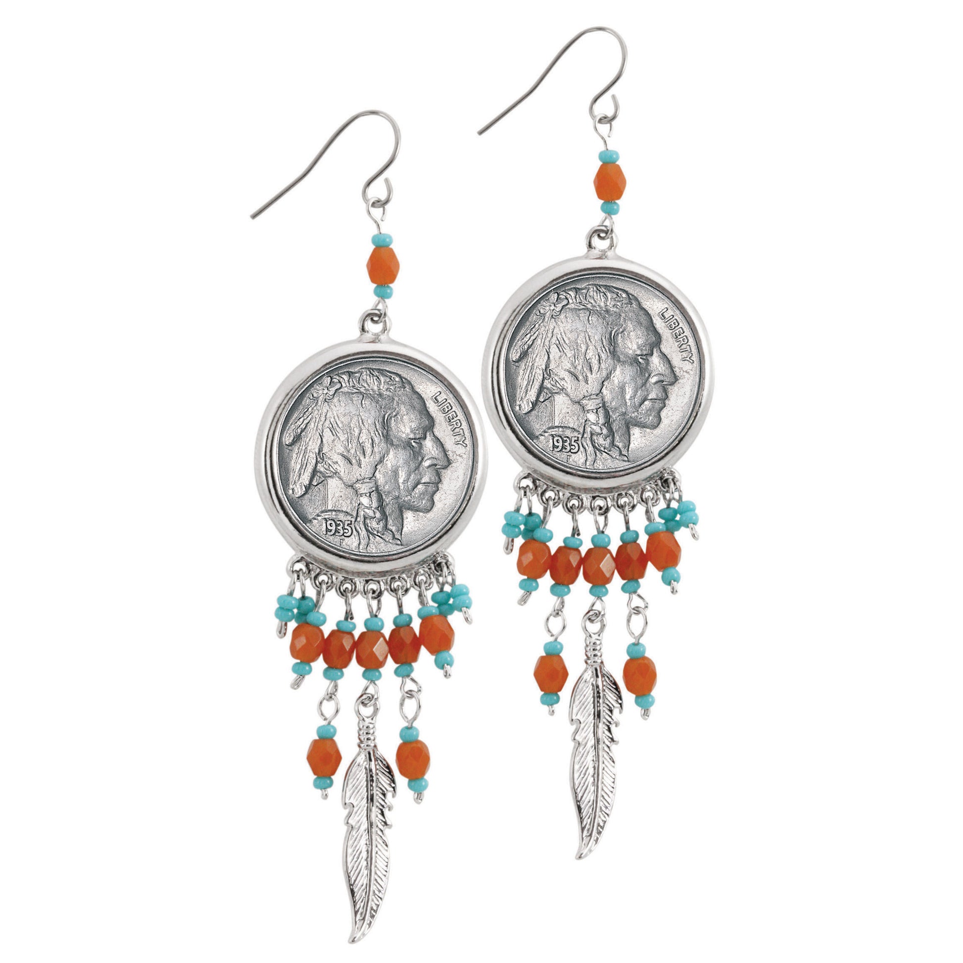 Buffalo Nickel Silvertone Feather Coin Earrings