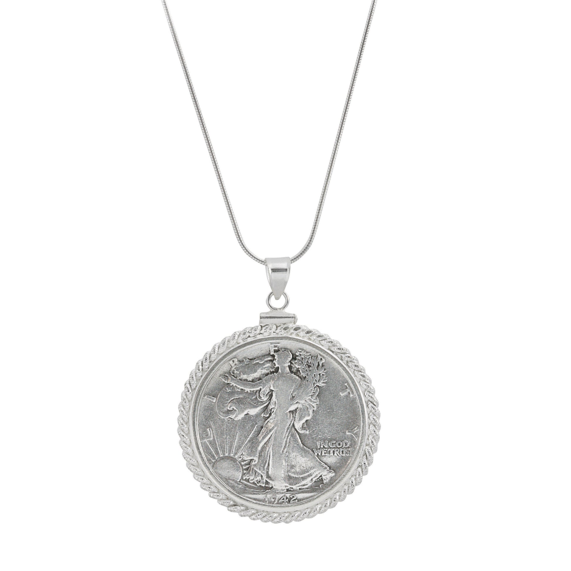 Sterling Silver Twisted Rope Silver Walking Liberty Half Dollar Coin Pendant
