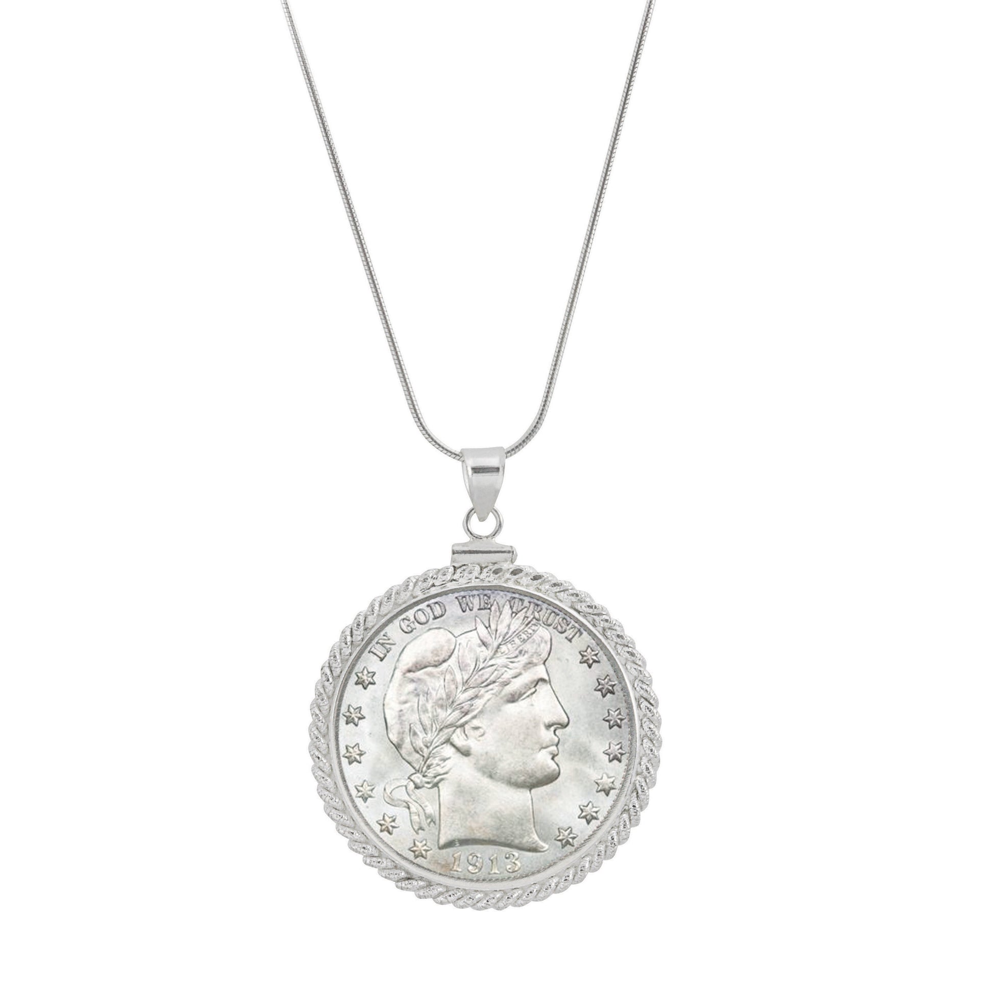 Sterling Silver Twisted Rope Silver Barber Half Dollar Coin Pendant