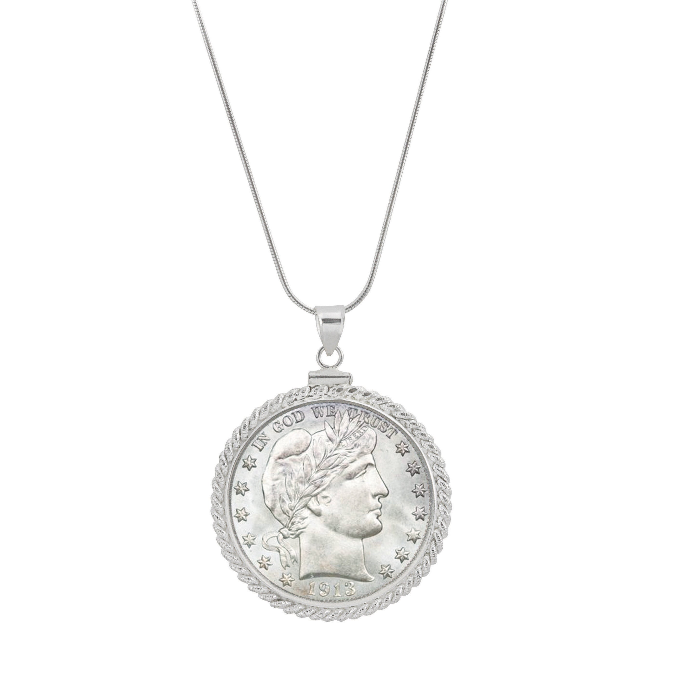 Sterling Silver Twisted Rope Silver Barber Half Dollar Coin Pendant