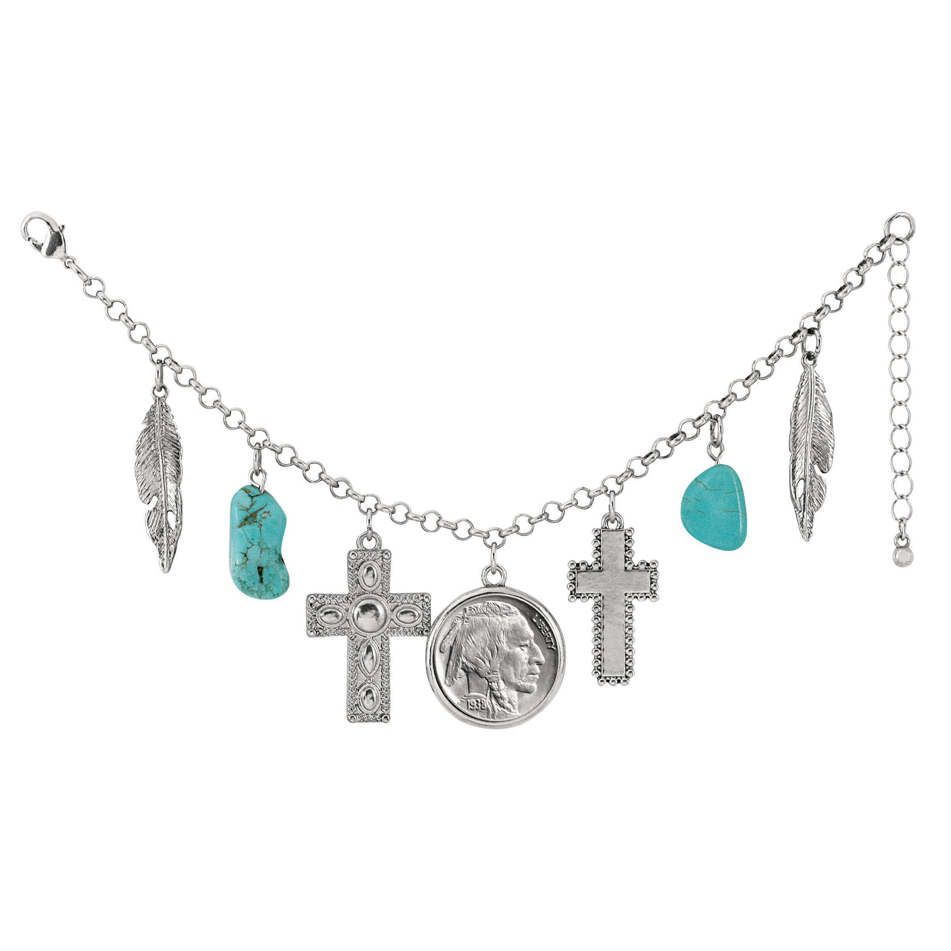 Buffalo Nickel Silvertone Charm Coin Bracelet
