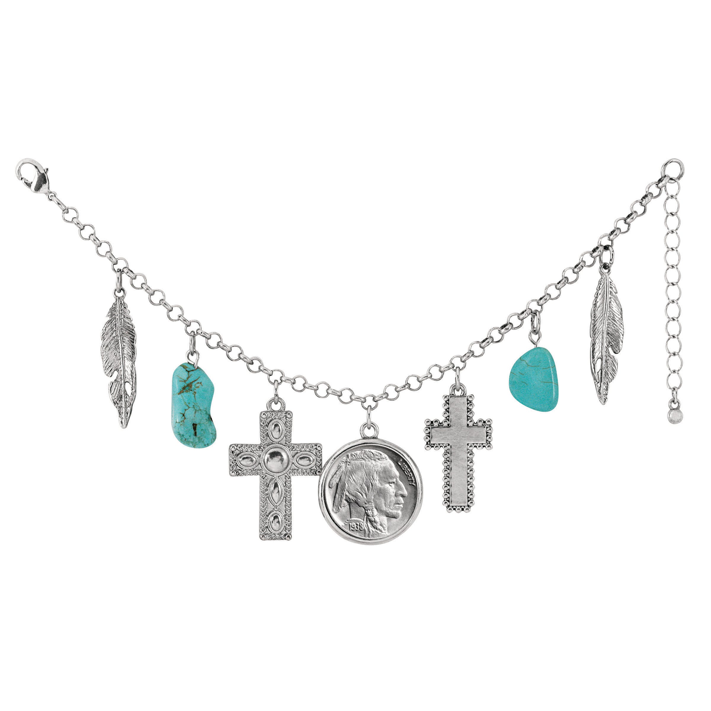 Buffalo Nickel Silvertone Charm Coin Bracelet