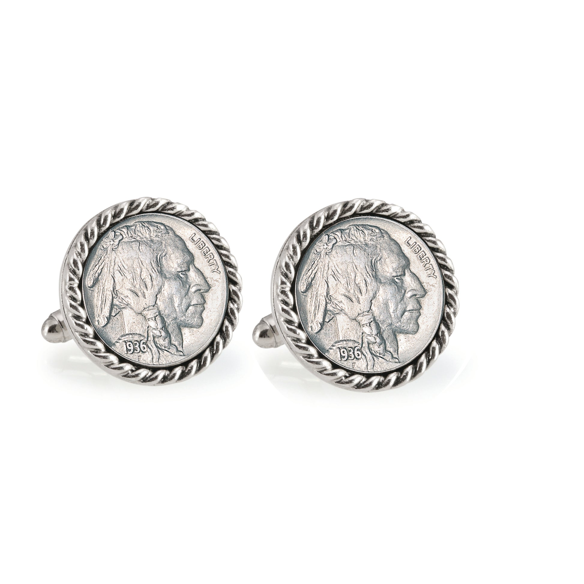 Buffalo Nickel Silvertone Rope Bezel Coin Cuff Links