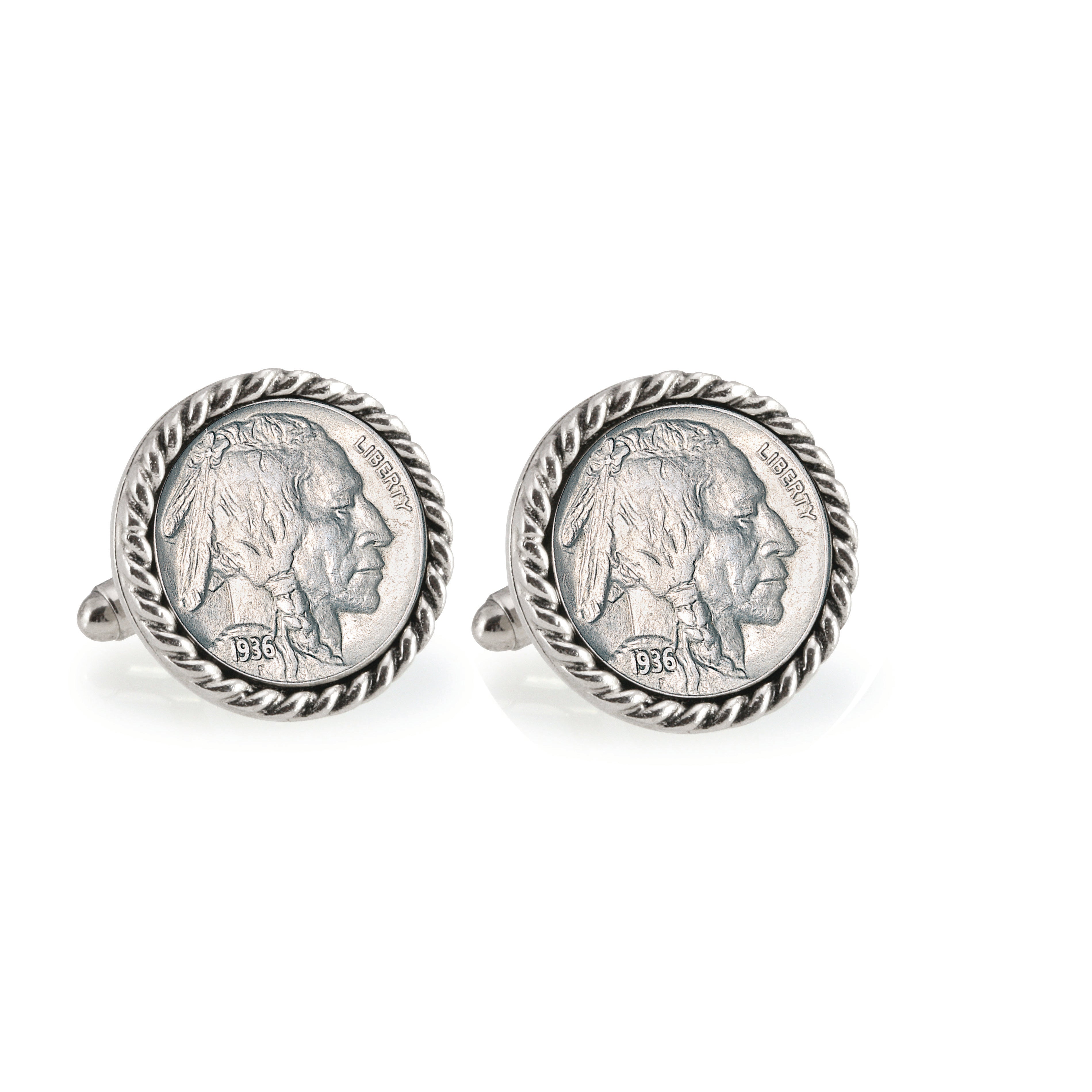 Buffalo Nickel Silvertone Rope Bezel Coin Cuff Links