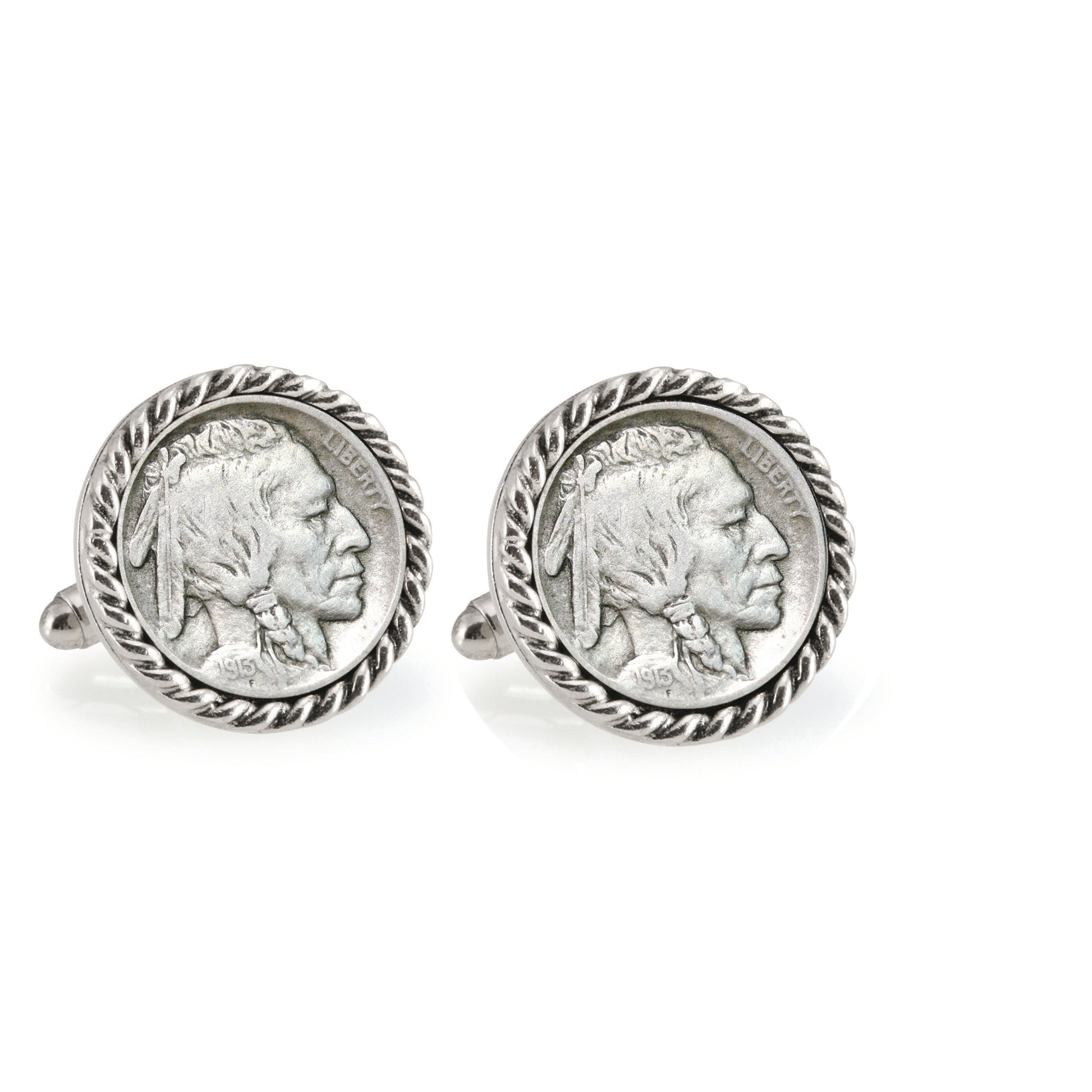 1913 First-Year-of-Issue Buffalo Nickel Silvertone Rope Bezel Coin Cuff Links