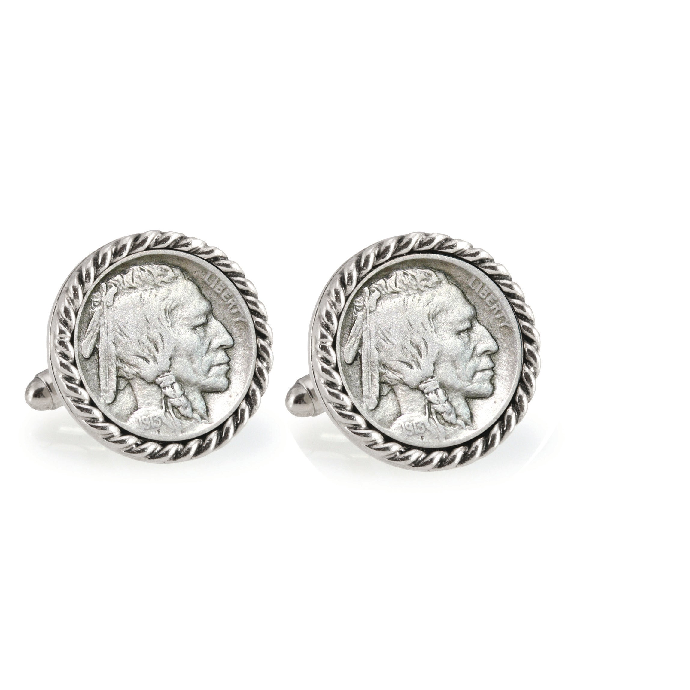 1913 First-Year-of-Issue Buffalo Nickel Silvertone Rope Bezel Coin Cuff Links