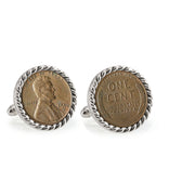 Lincoln Wheat-Ear Penny Cuff Silvertone Rope Bezel Coin Cuff Links
