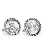 1943 Lincoln Steel Penny Silvertone Rope Bezel Coin Cuff Links