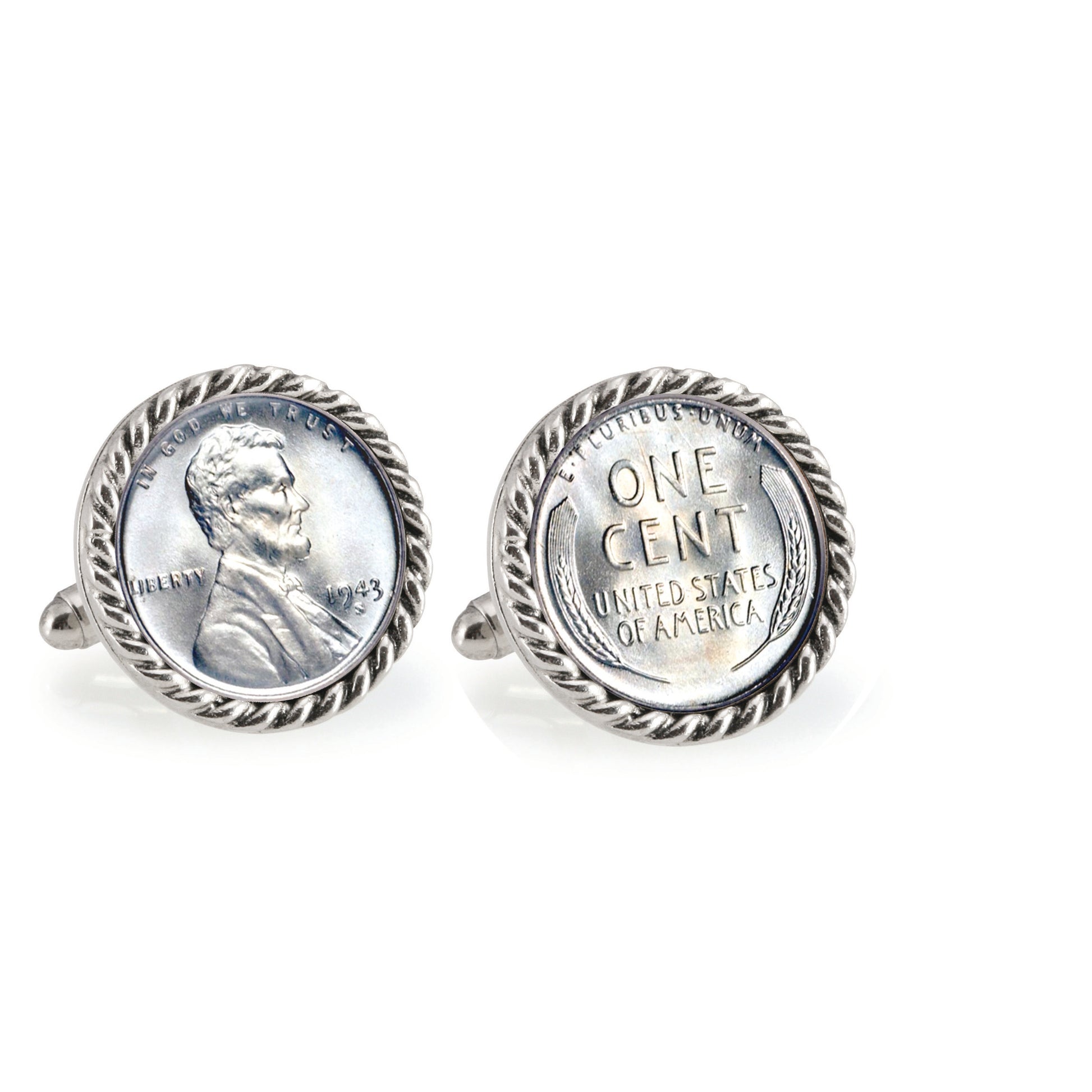1943 Lincoln Steel Penny Silvertone Rope Bezel Coin Cuff Links