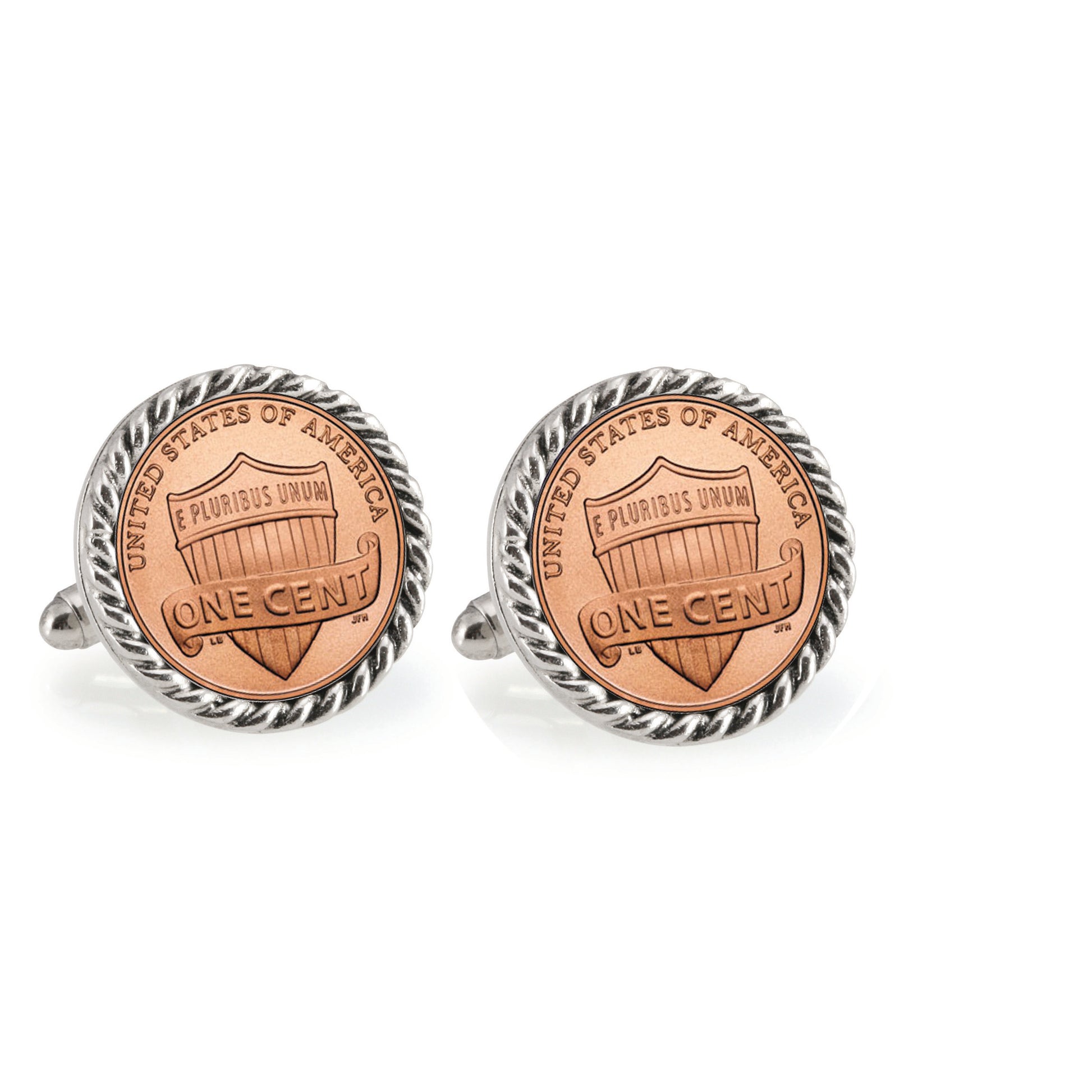 Lincoln Union Shield Penny Silvertone Rope Bezel Coin Cuff Links