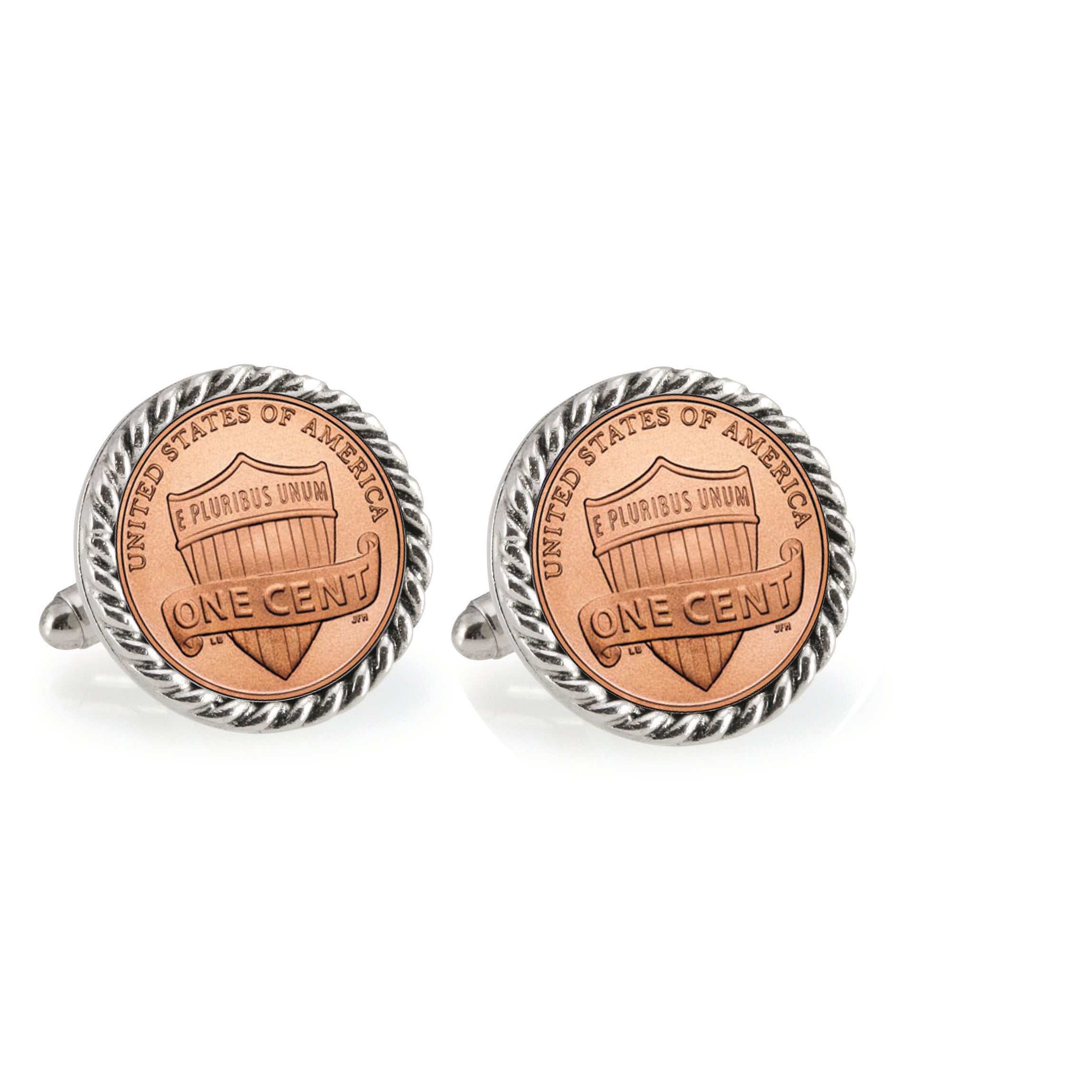 Lincoln Union Shield Penny Silvertone Rope Bezel Coin Cuff Links