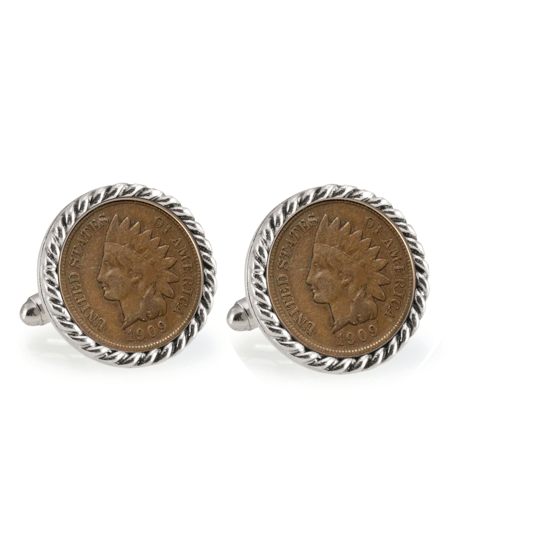 Indian Head Penny Silvertone Rope Bezel Coin Cuff Links