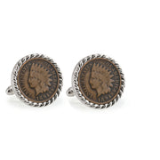 1800's Indian Head Penny Silvertone Rope Bezel Coin Cuff Links