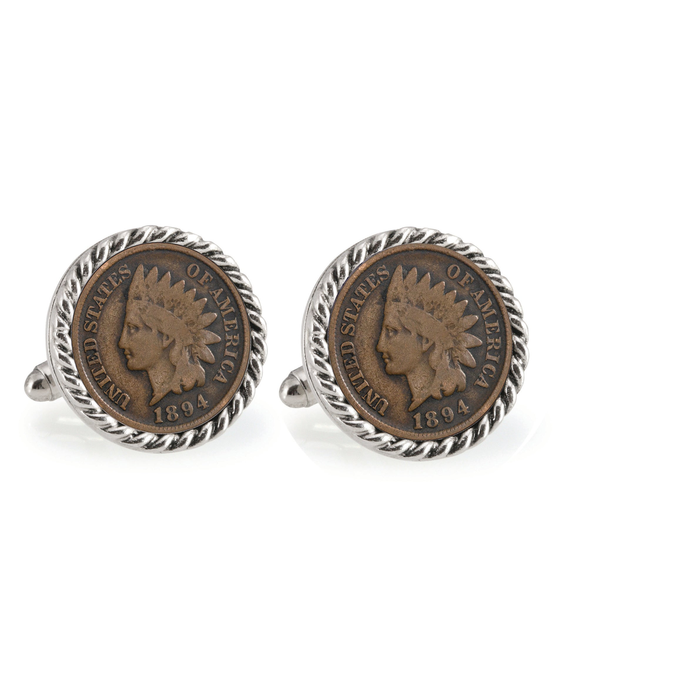 1800's Indian Head Penny Silvertone Rope Bezel Coin Cuff Links