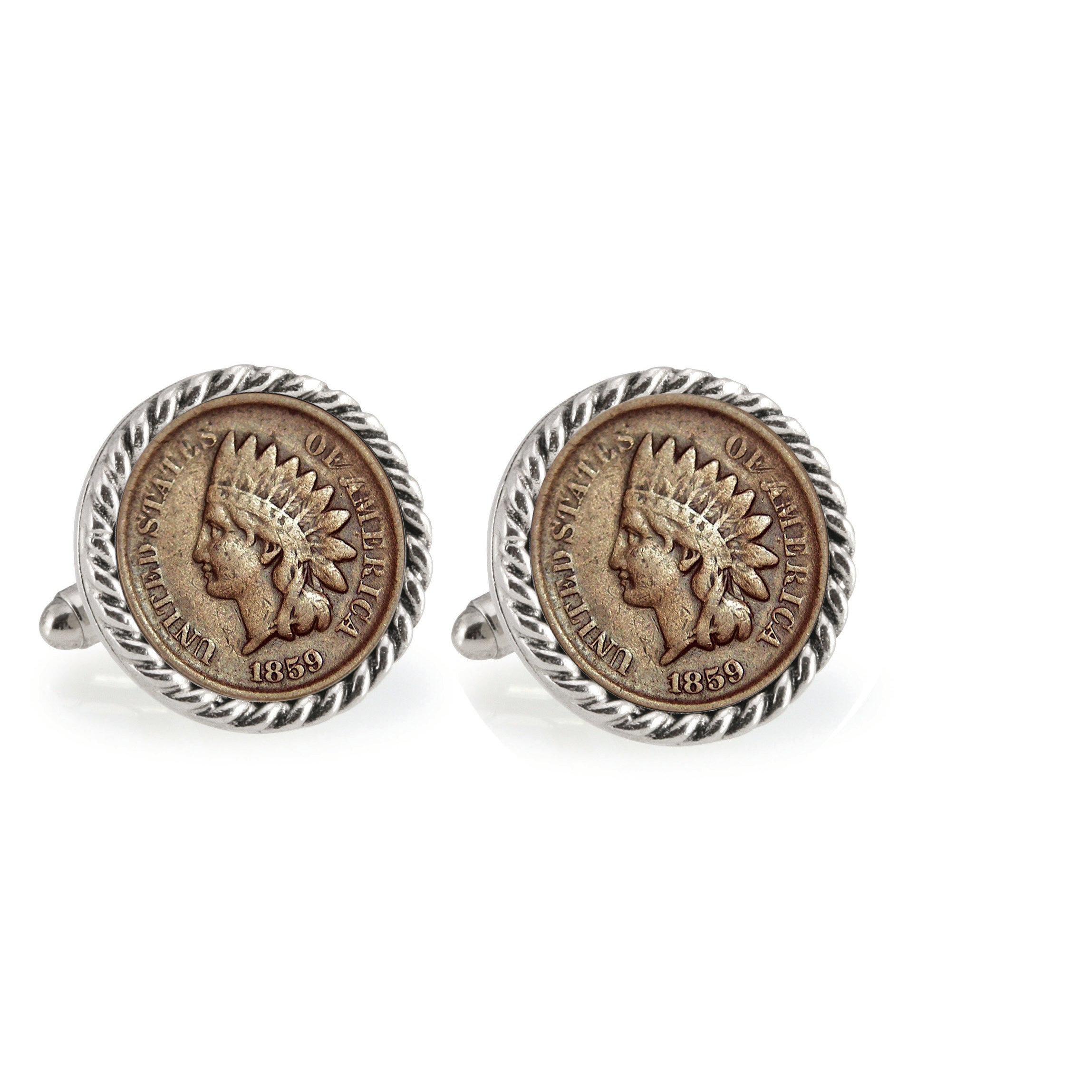 1859 First-Year-of-Issue Indian Head Penny Silvertone Rope Bezel Coin Cuff Links