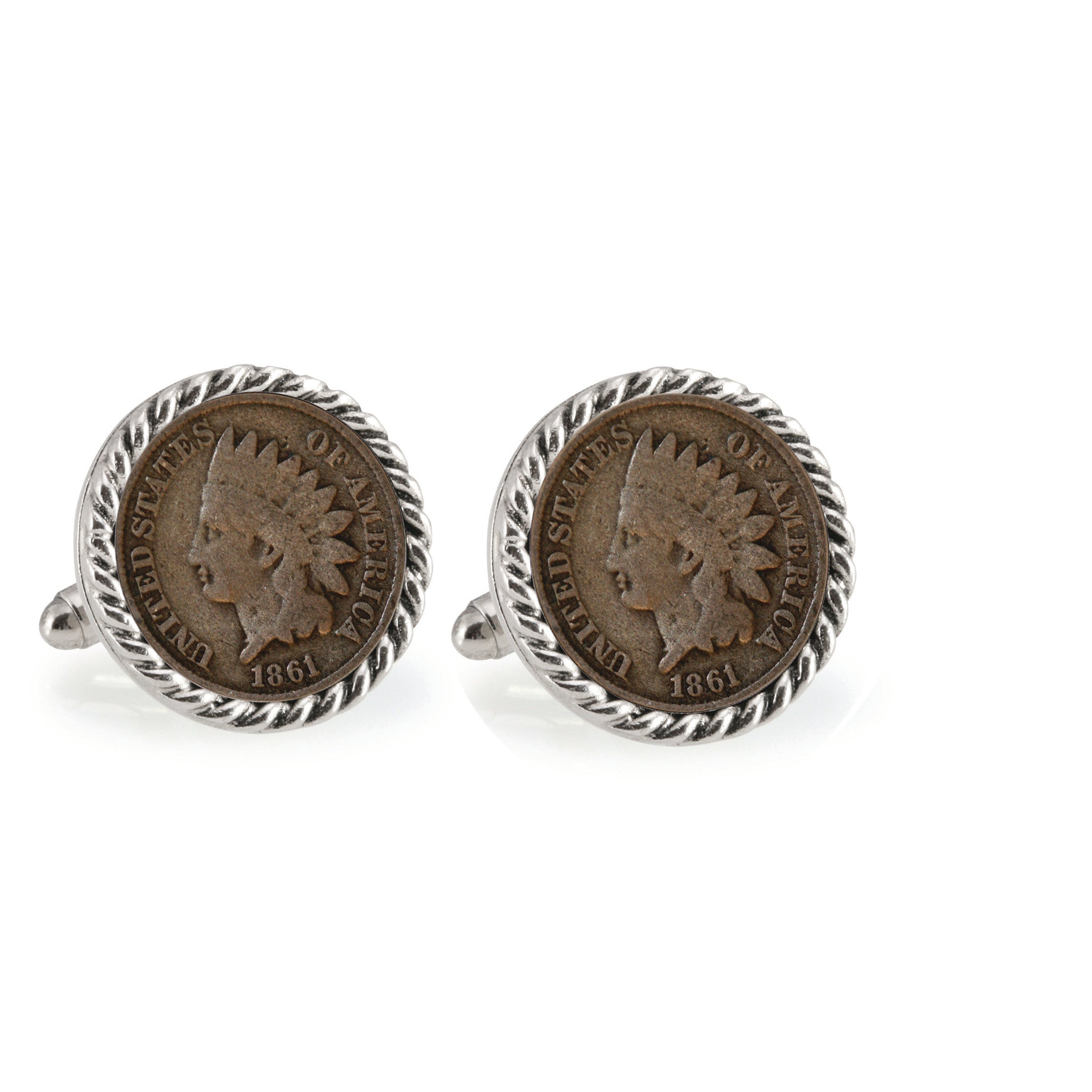 Civil War Indian Head Penny Silvertone Rope Bezel Coin Cuff Links