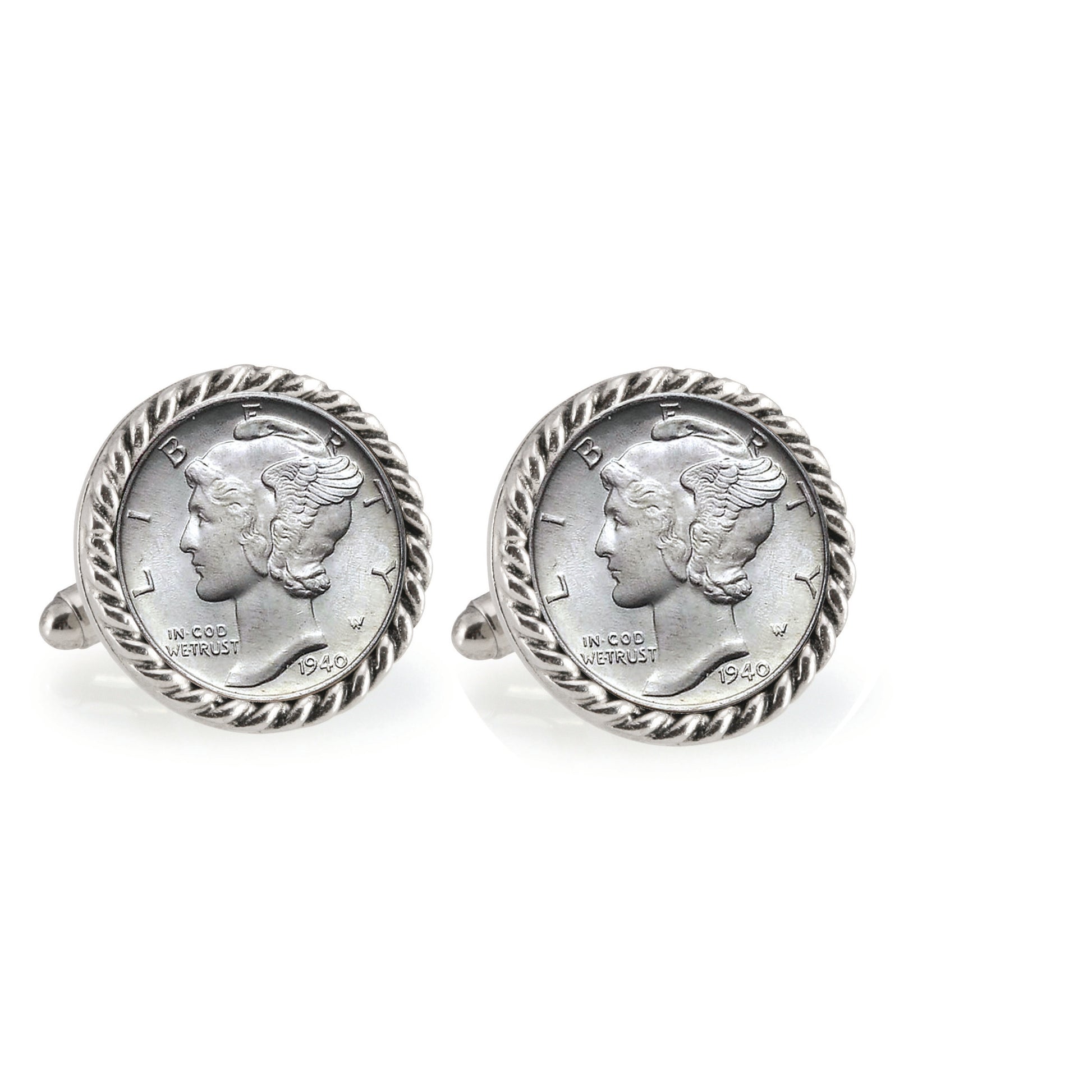 Silver Mercury Dime Silvertone Rope Bezel Coin Cuff Links