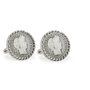 1800's Silver Barber Dime Silvertone Rope Bezel Coin Cuff Links