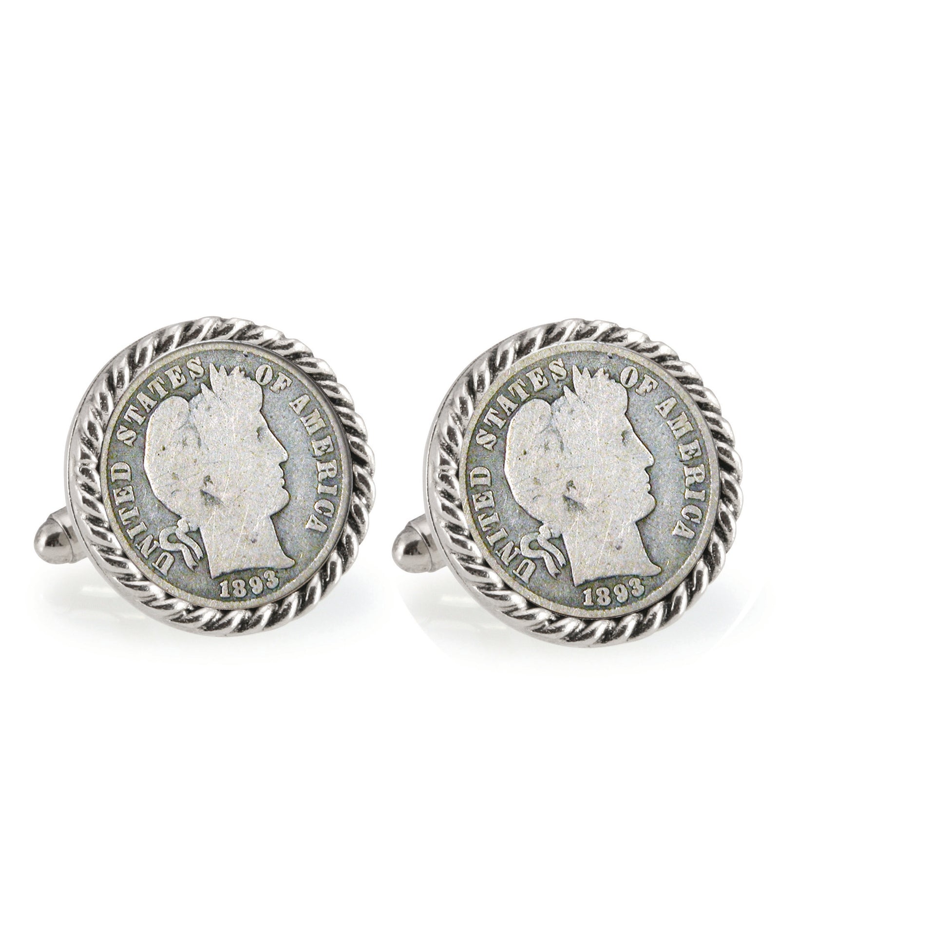 1800's Silver Barber Dime Silvertone Rope Bezel Coin Cuff Links