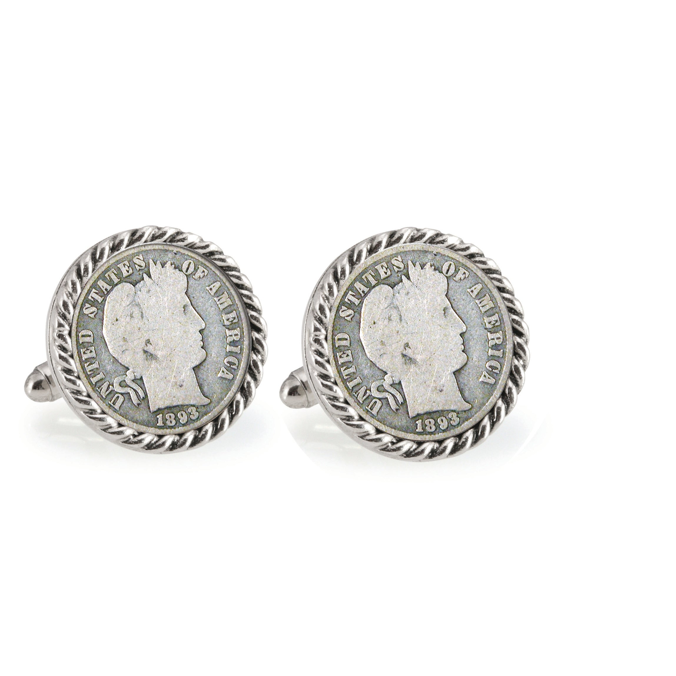 1800's Silver Barber Dime Silvertone Rope Bezel Coin Cuff Links