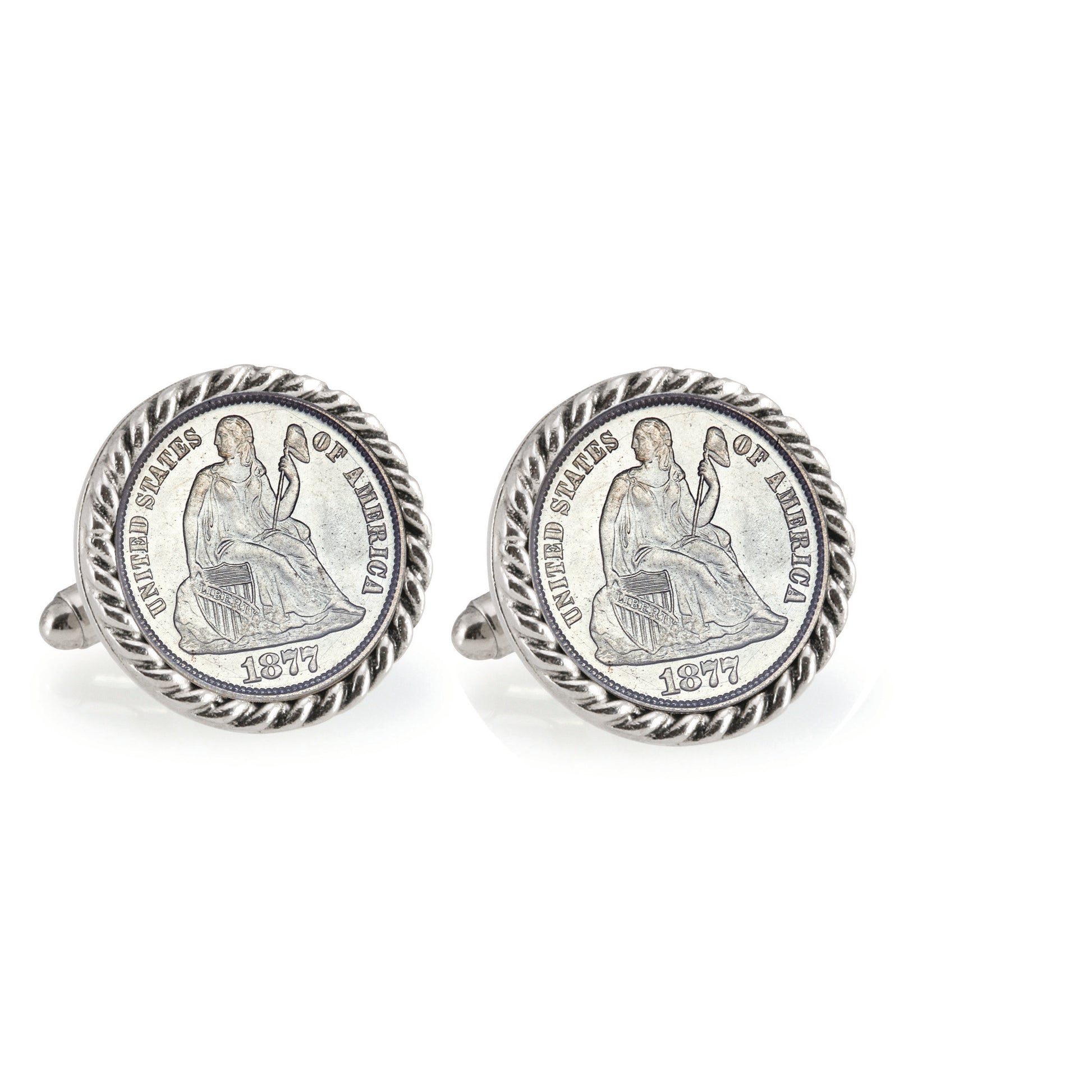 Seated Liberty Silver Dime Silvertone Rope Bezel Coin Cuff Links