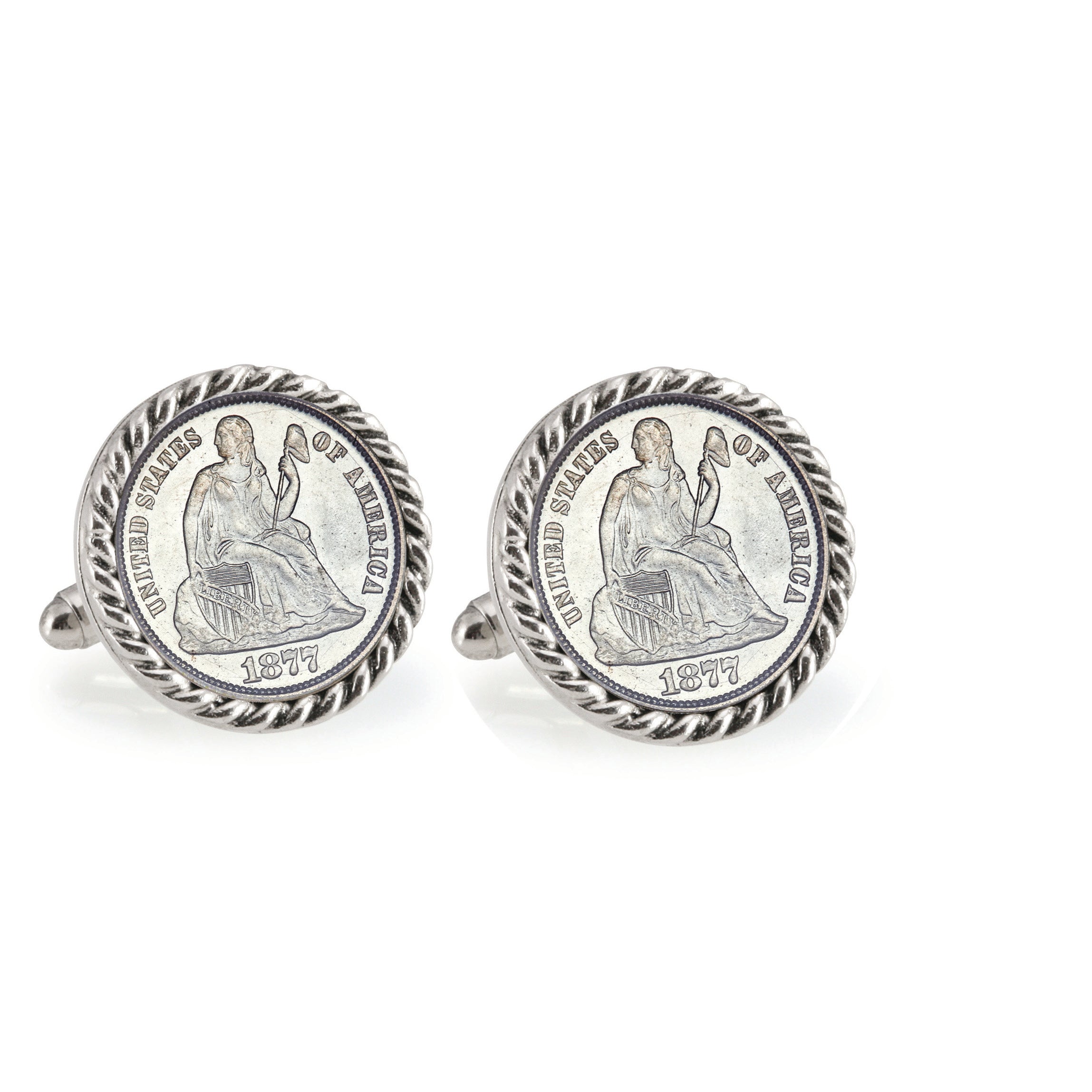 Seated Liberty Silver Dime Silvertone Rope Bezel Coin Cuff Links